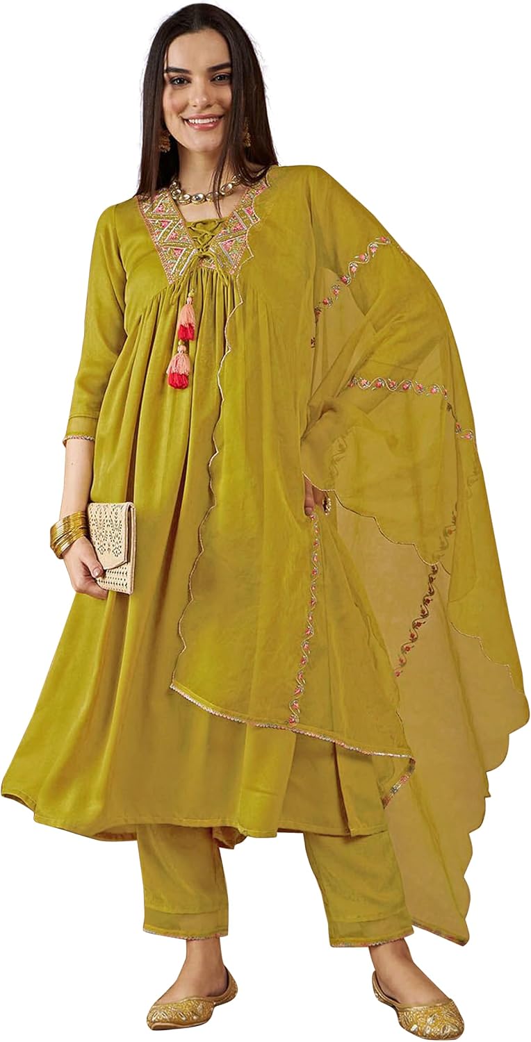 TRENDMALLS Women's Art Silk Embroidery Salwar Suit Set Kurta Pant with Dupatta (G268-Yellow-XL)