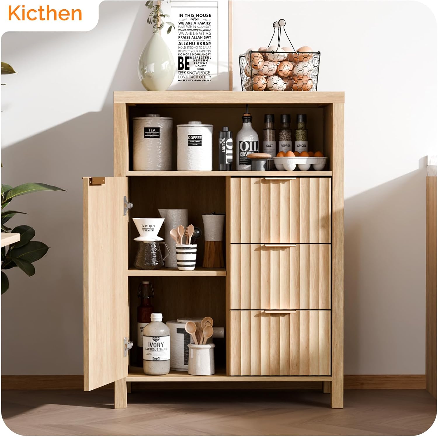 VINGLI Fluted Bathroom Floor Storage Cabinet with Fluted Door 3 Drawers,Modern 12 Inch Deep Short Bathroom Storage Cabinet Organizer Free-Standing for Small Space w/Adjustable Shelf,Natural Oak Color