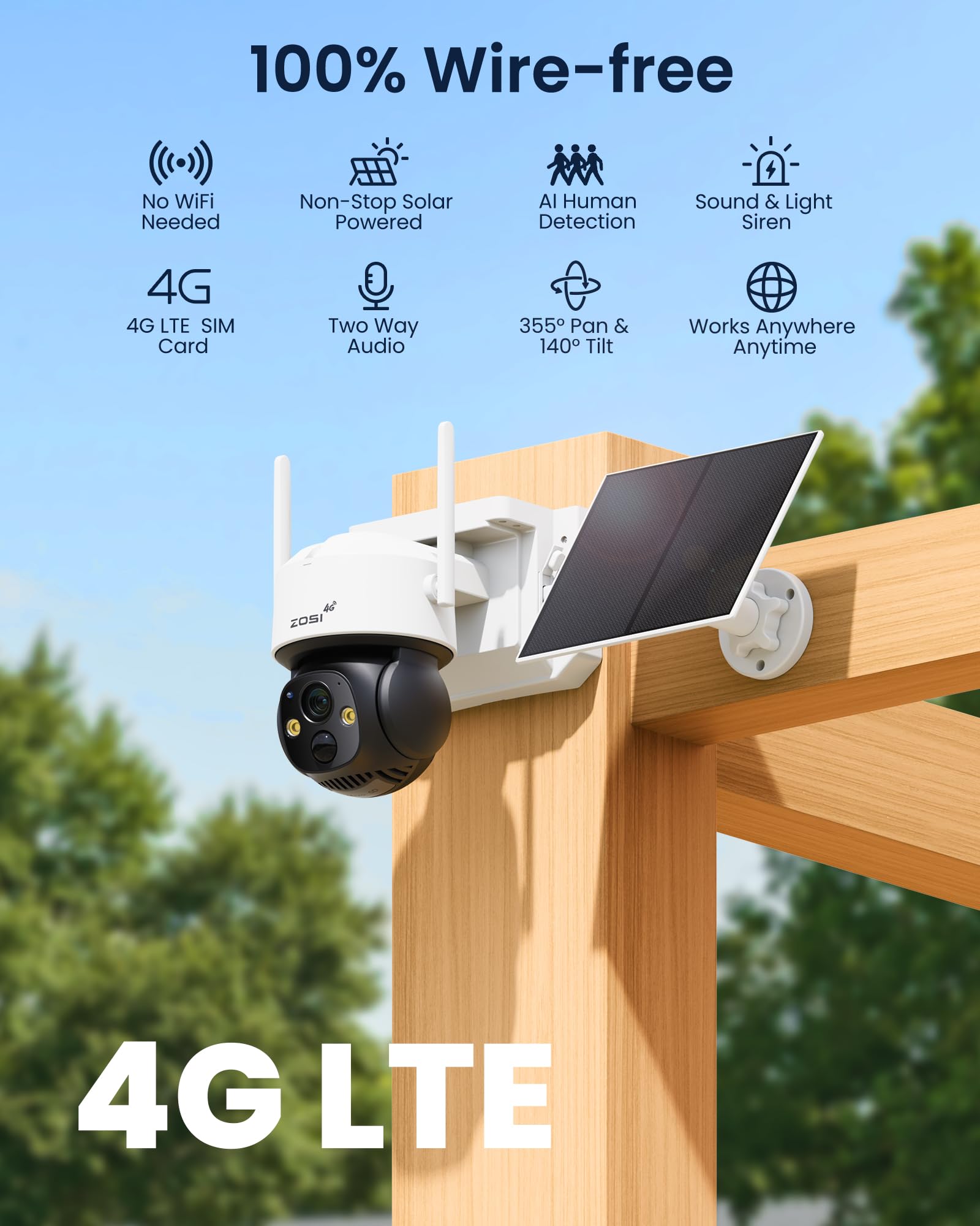 Telecamera Sorveglianza Solare 4G LTE - Senza WiFi, 355° PTZ, Visione Notturna A Colori, IP66