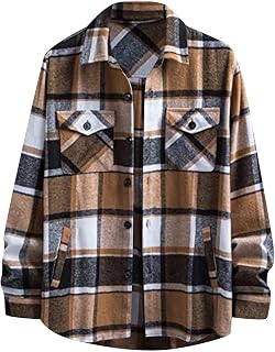 LOIJMK Funky Checked Jackets Men's Long Sleeve Coat Warm Casual Jacket Cardigan Fashion Checked Shirt Tops Colour Block Shirt Blouse Casual Shirt Jacket Blouses Men Regular Fit Button Up Cotton Shirt