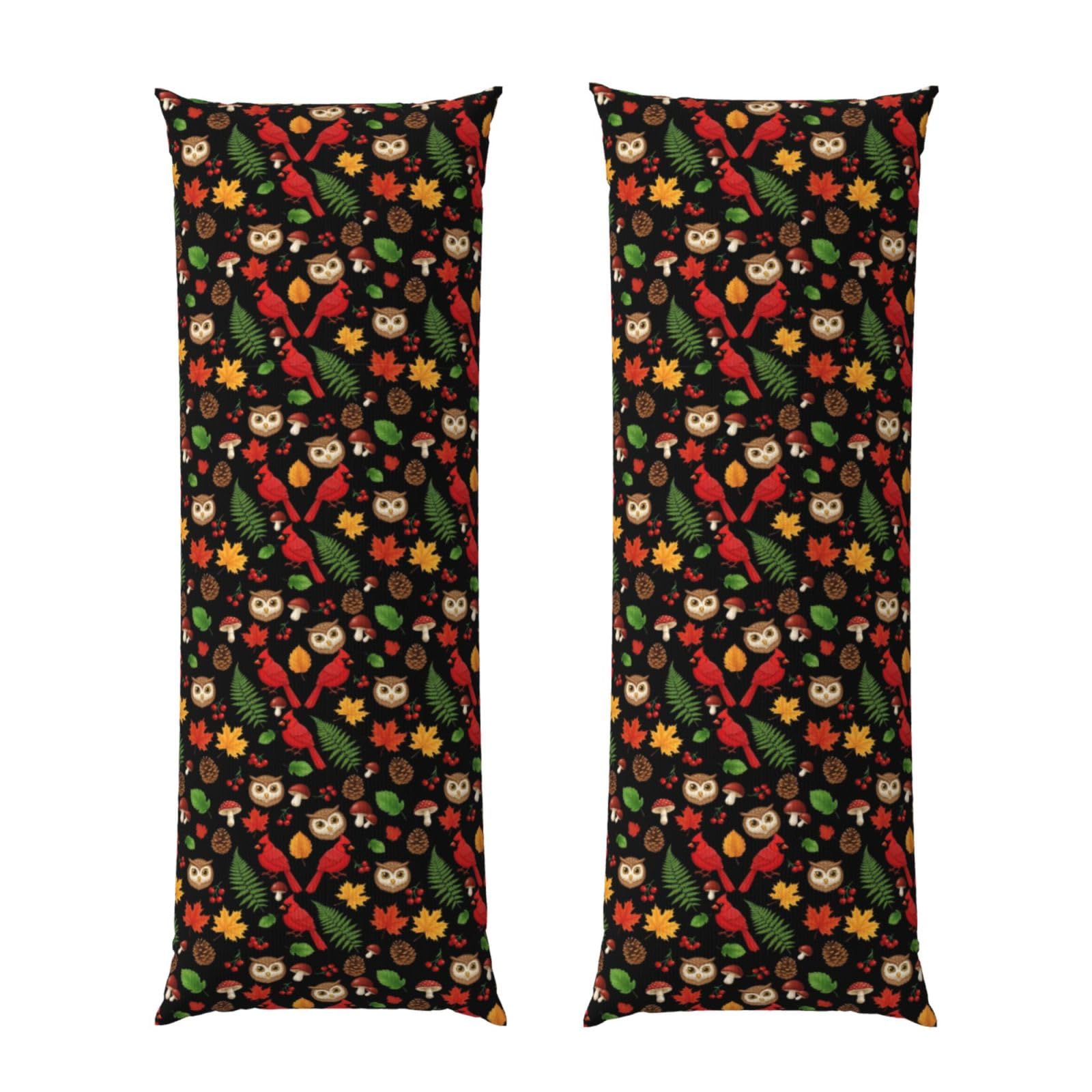 Long Pillowcase 20x60 Inch, Christmas Red Birds Owl Autumn Fall Leaves Mushrooms, Ultra Soft Body Pillow Cover with Hidden Zipper, Wrinkle Resistant Fabric for Bed Couch Home Decoration