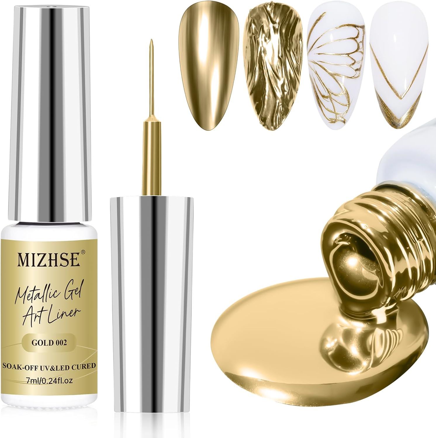 MIZHSE Gold Nail Polish Metallic Painting Gel, 3D Mirror Metal Glossy Drawing UV Nail Polish 7ML for Painting Nail Design Soak Off Manicure Nail Art, 1PC