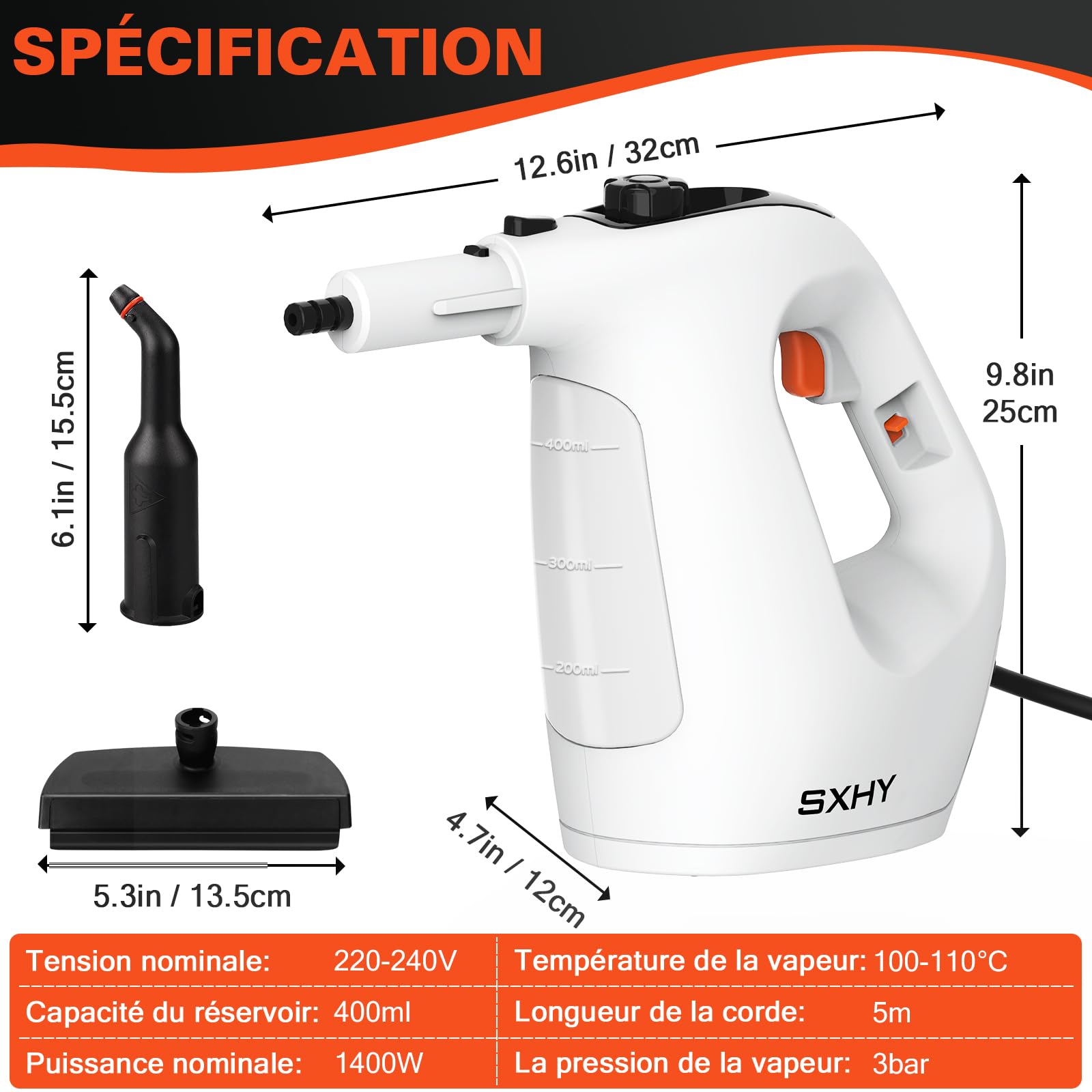Nettoyeur vapeur portable pour la maison, multi-usages, réservoir d'eau transparent, kit d'accessoires de 11 pièces pour canapé, douche, rembourrage