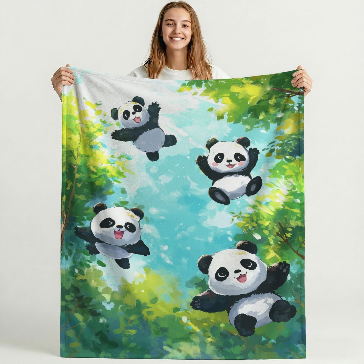 Wielokolorowy, miękki koc flanelowy, spokojna, urocza panda, super ciepły koc polarowy, wysokiej jakości, wygodne runo, na sofę, łóżko i salon, 180 cm x 200 cm