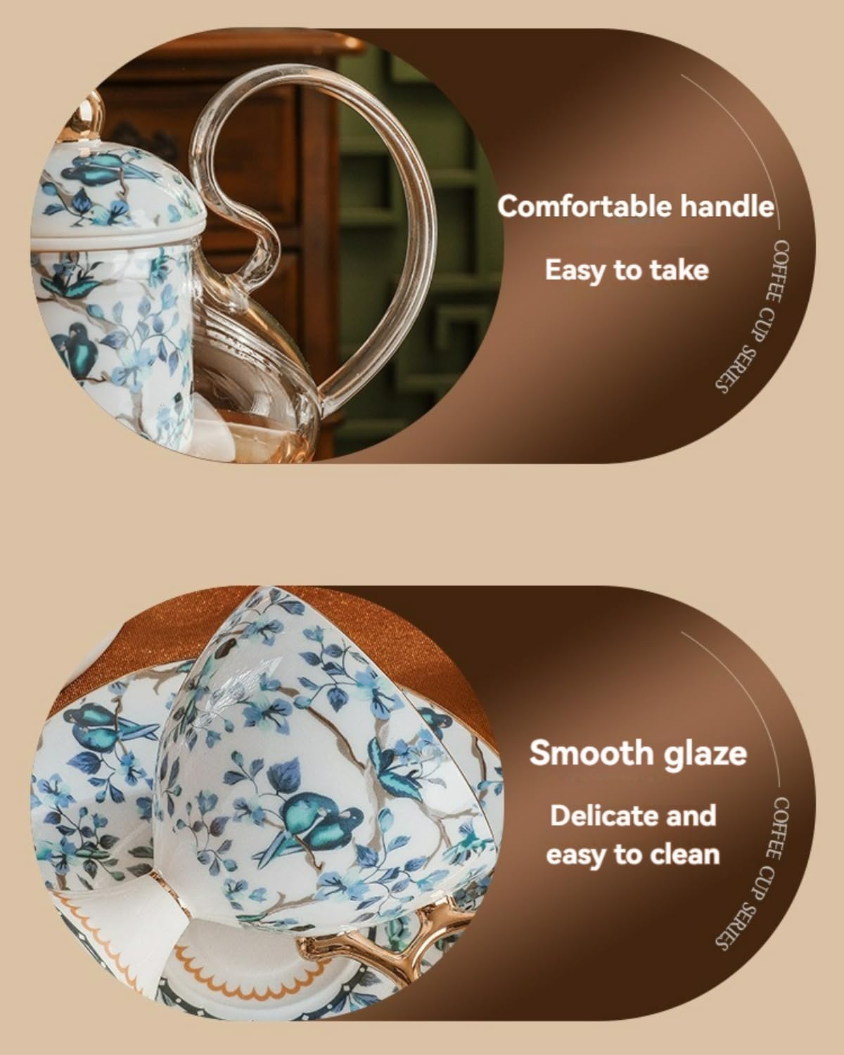 Tall Coffee Cup and Saucer Set – Elegant European-Style Ceramic Bone China Tea Cup, High-Stemmed Afternoon Tea (Blue + White,8 oz,1 Cup+1 Dish+1 Spoon (mail order set))