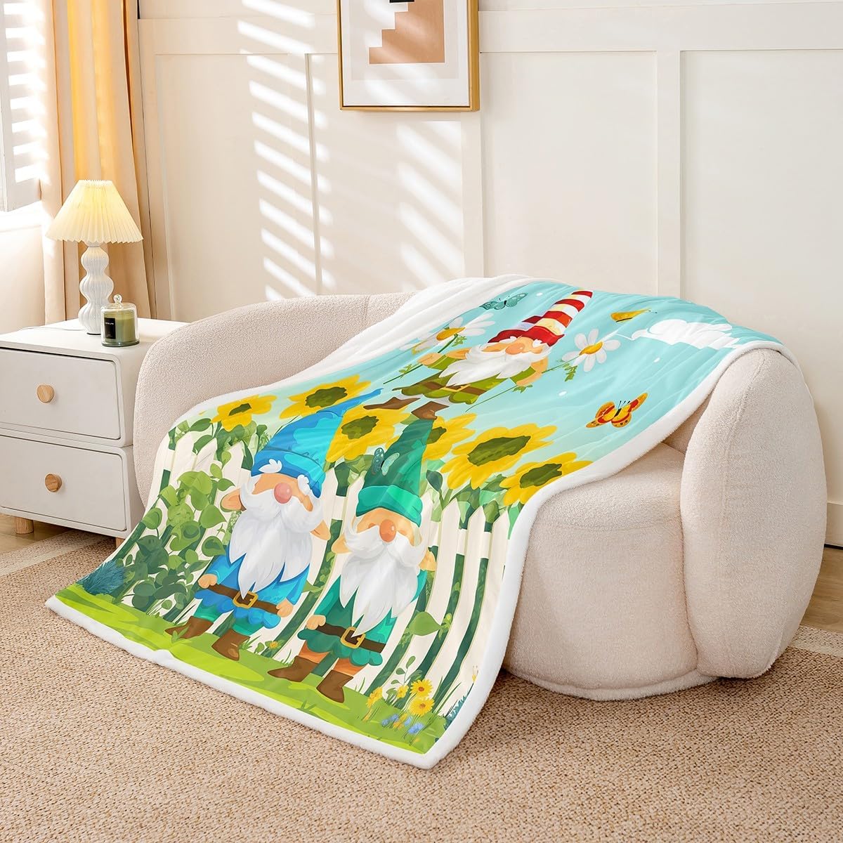 Erosebridal Spring Fleece Blanket Spring Gnomes Throw Blanket Bedroom Decor, Botanical Sunflowers Butterfly Print Fuzzy Blanket Garden Theme Floral Decor Sherpa Blanket Throw Size