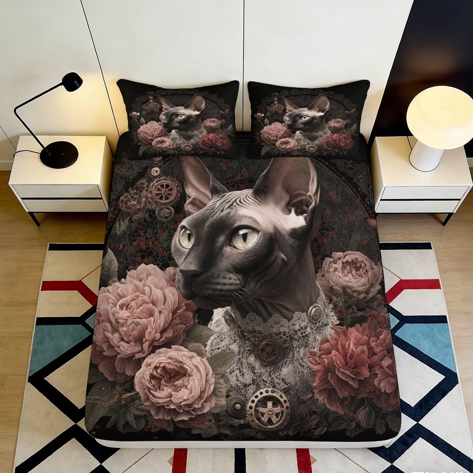 3D Printed Steampunk Cat Fitted Sheet Microfiber Soft Anti-Slip Floral Mattress Cover for Bedroom Dorm Decor 200x200x25cm