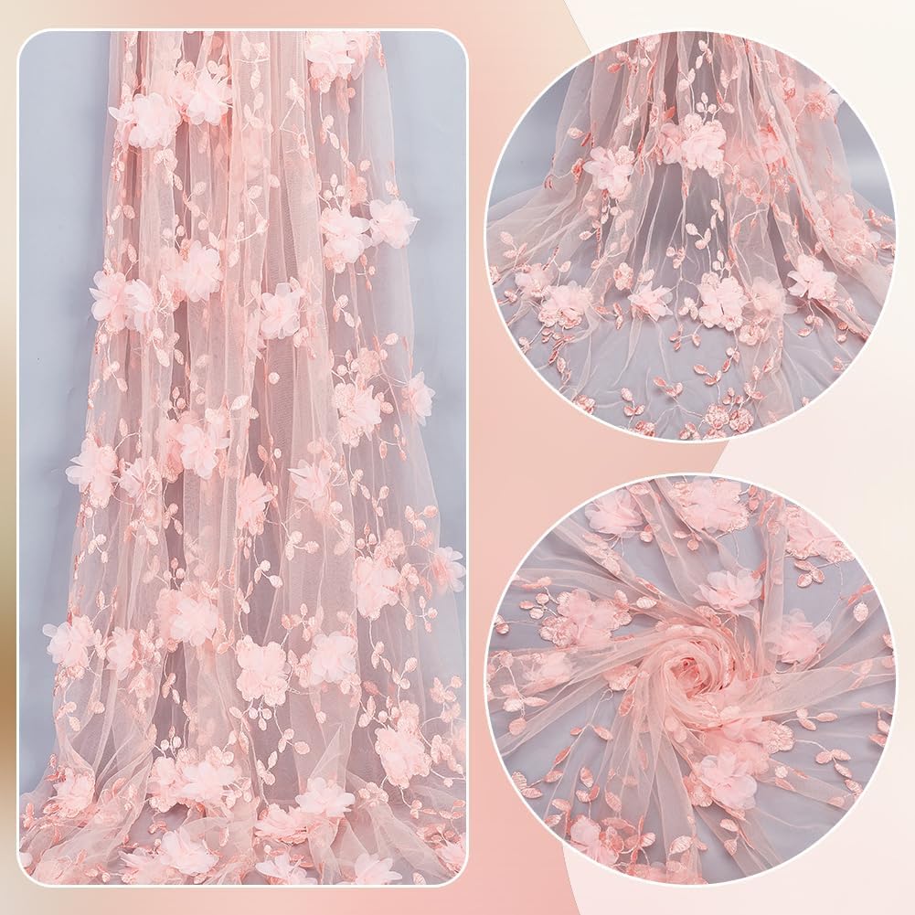 NBEADS 1.7 Yards Embroidered Flower Fabric, 56inch 3D Floral Mesh Embroidery Fabric Soft Mesh Lace for Sewing DIY Custom Clothes Party Dress Home Decoration, Pink