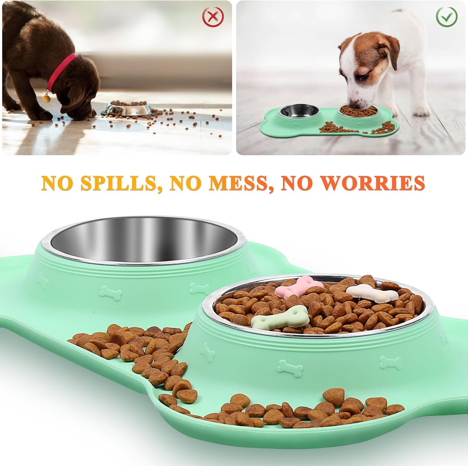VIVAGLORY Dog Bowl Splashfree Pet Bowl, Dog Dish with Silicone Mat Placemat for Messy Eater, Double Stainless Steel Food Water Feeding Set Dishwasher Safe Spill Proof for Pet, S, Mint Green