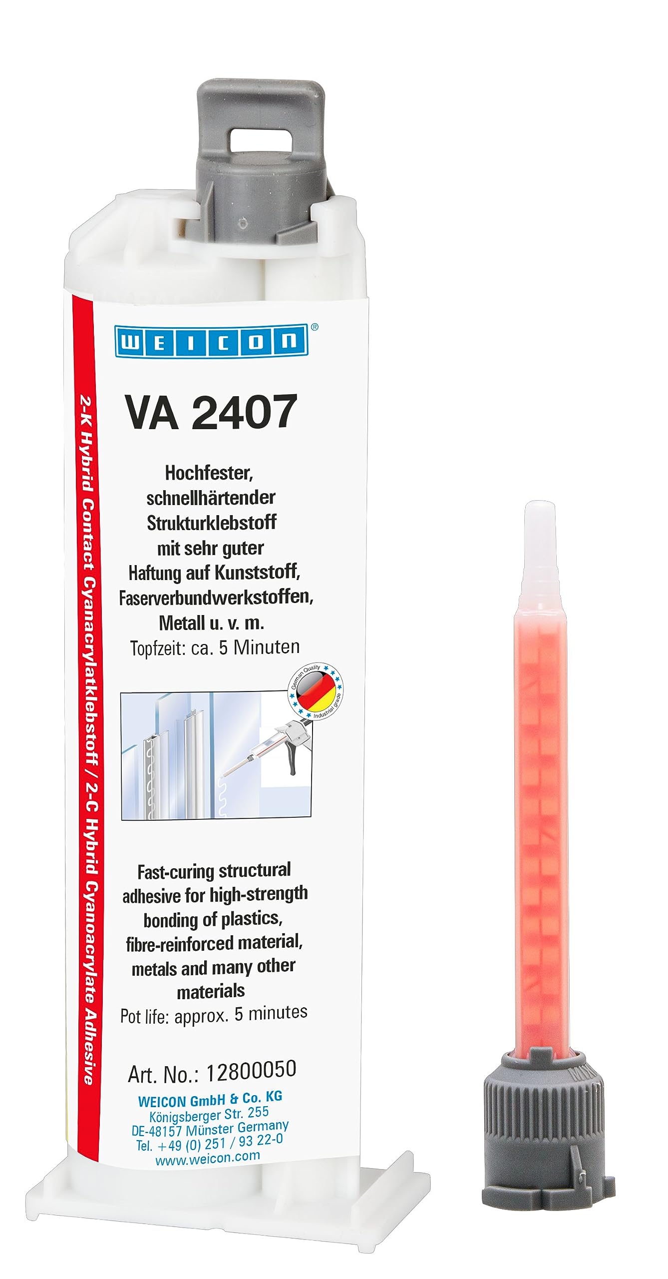WEICON VA 2407, dwuskładnikowy klej cyjanoakrylowy CA, 50 g, klej konstrukcyjny do metalu i tworzyw sztucznych, bezbarwny