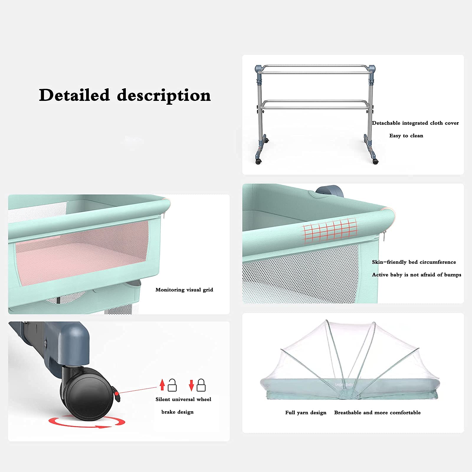 QUNINE Culla da Comodino, Lettino per Bambini co-Sleeping con Materasso, lettini Laterali Staccabili Finestra in Rete Regolabile in Altezza Culle per Bambole Ruote e Borsa da Viaggio, Giallo (Giallo)