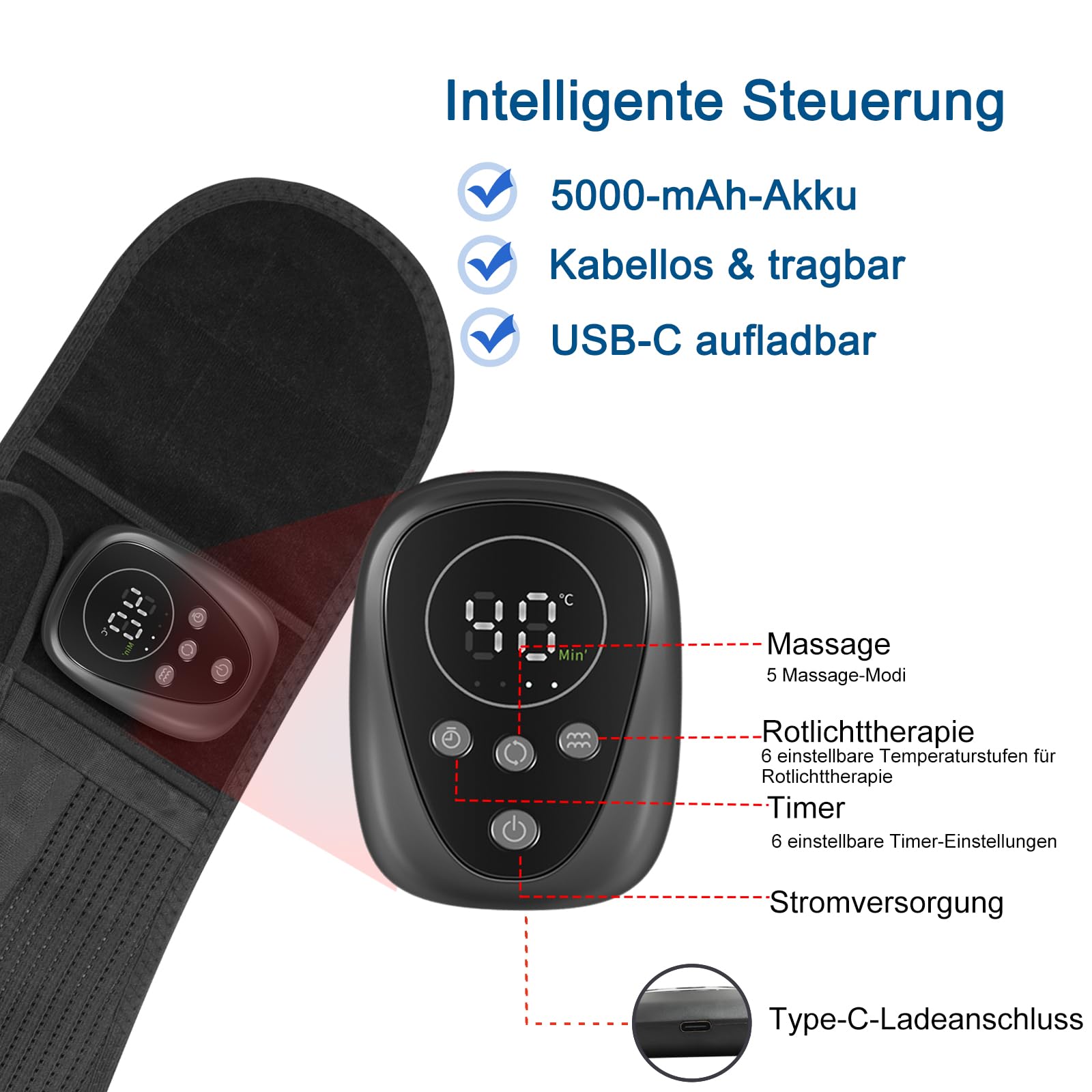 Kabelloser Wärme-Rückenmassagegurt Mit Rotlichttherapie, 5000 mAh Akku, Heizgürtel Zur Schmerzlinderung Und Entspannung, Ideal Für Körperliche Erholung