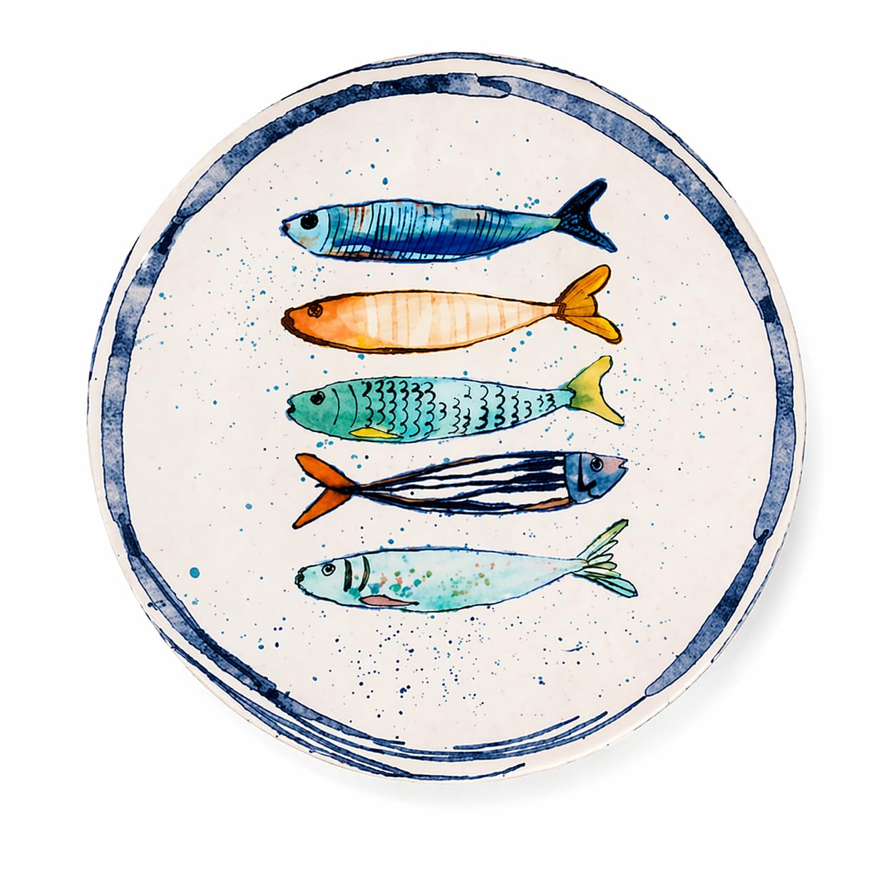 Teller im mediterranen Design mit Sardinen-Motiv | Maritime Speiseteller (26 cm), Suppenteller (21 cm) oder Dessertteller (20 cm) - robust, Steinzeug, glattes Finish (4er Set Dessertteller (20 cm))
