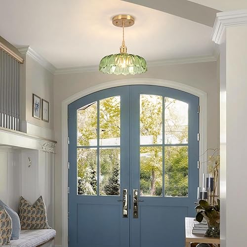 Miniatura 7 de Luces Colgantes para Isla de Cocina, Luz Colgante de Cristal Verde Accesorios de Iluminación Vintage, 9.4 pulgadas E26 Acabado Lámpara Colgante de