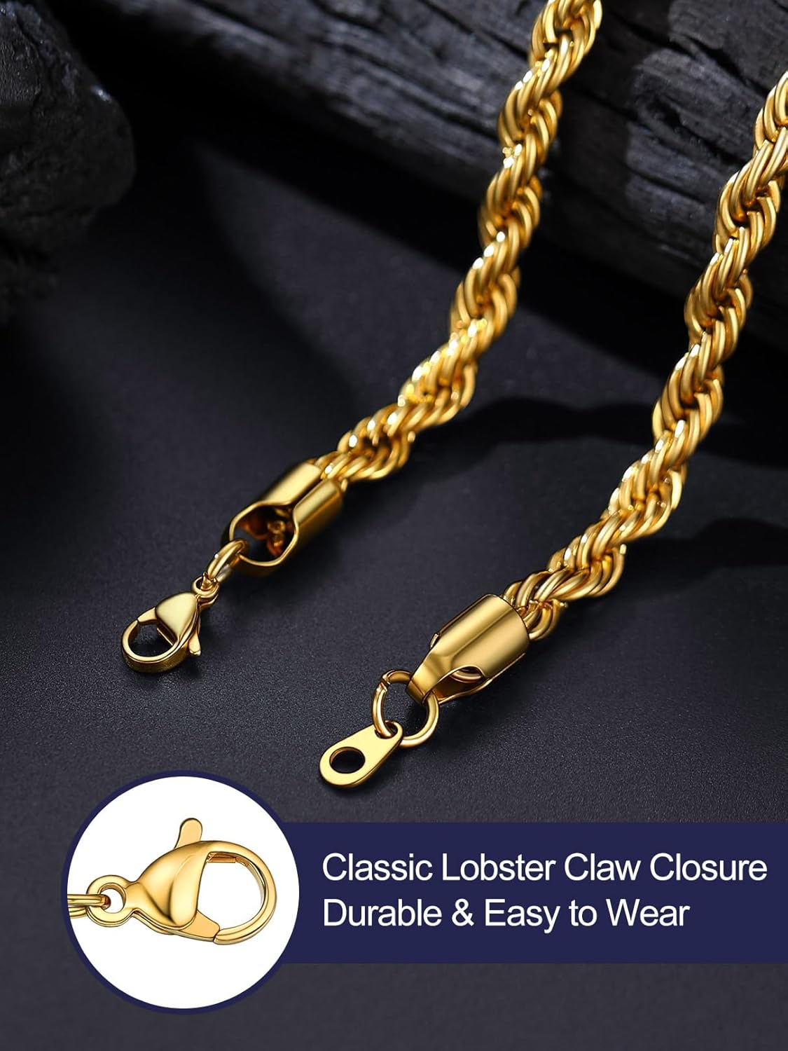 Bandmax Solid 1.5mm/2mm/3mm/6mm Rope Chains for Men Women 14K Gold Plated/Black Plated Stainless Steel Twist Chain 16-30 Inches, with Gift Box