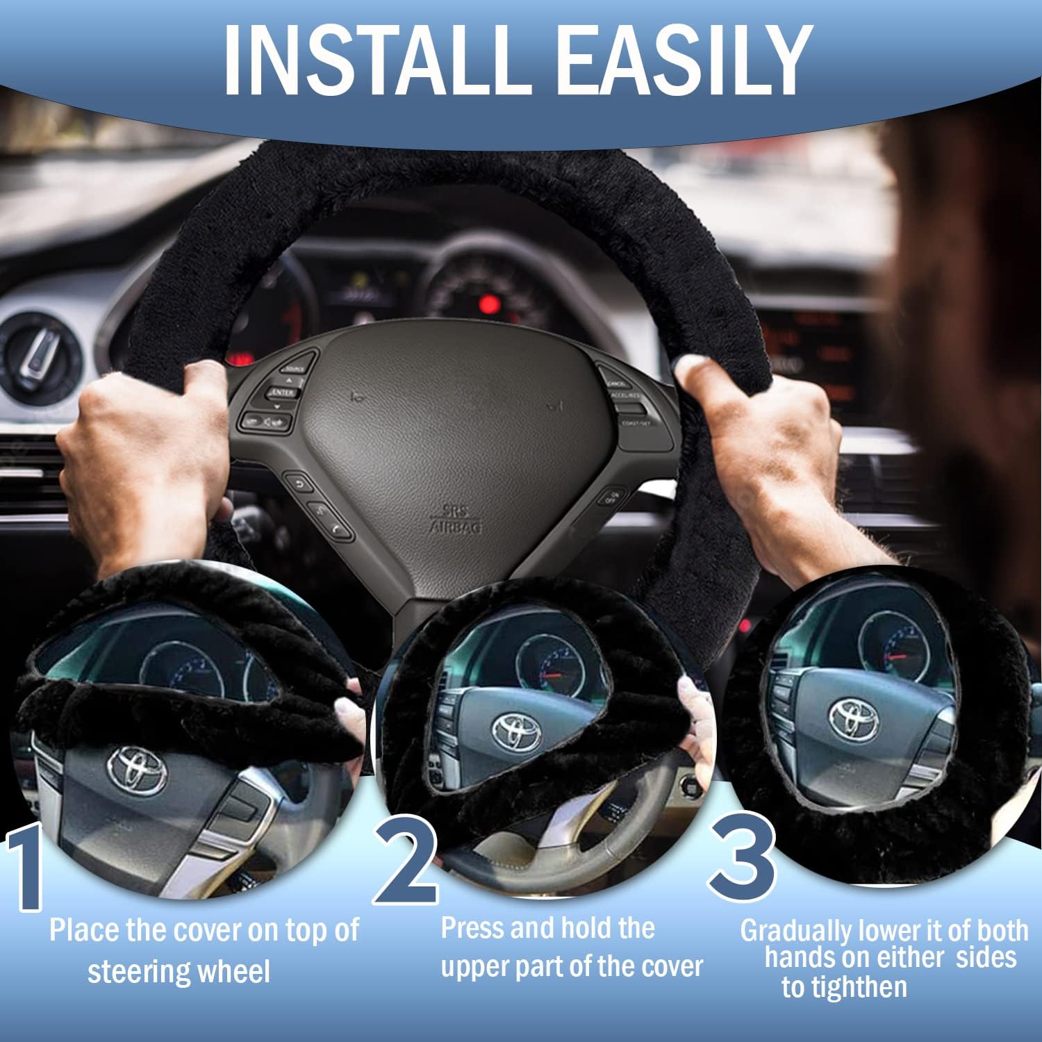Zone Tech Fluffy Sheepskin Steering Wheel Handbrake and Gear Shift Cover- Winter Warm Plush Stretch on Vehicle Faux Sheepskin Black Comfortable Steering Wheel Handbrake & Gear Shift Cover Protector