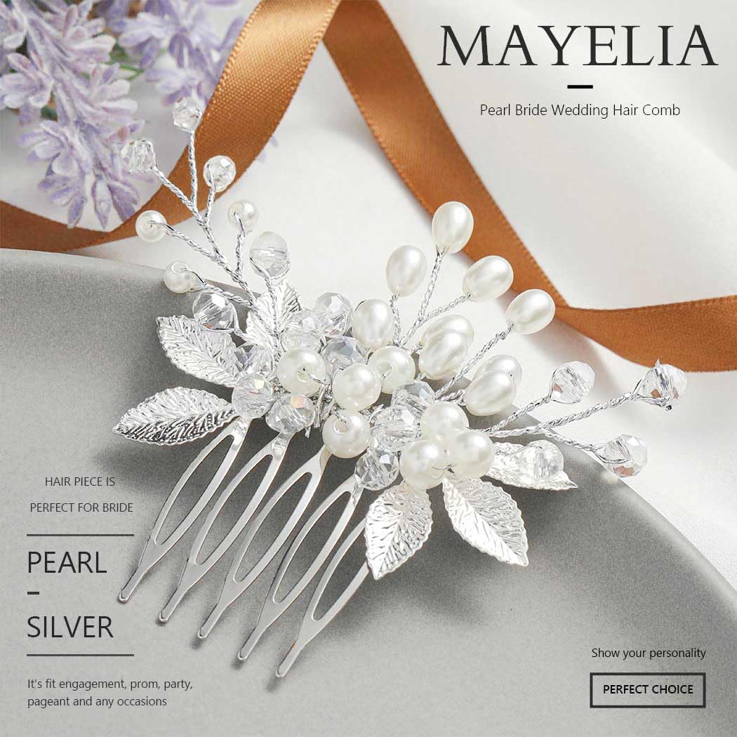 Ushiny Pearl Bride Wedding Hair Comb Silver Leaf Headpiece Rhinestone Hair Side Comb for Women and Girls - Image 2