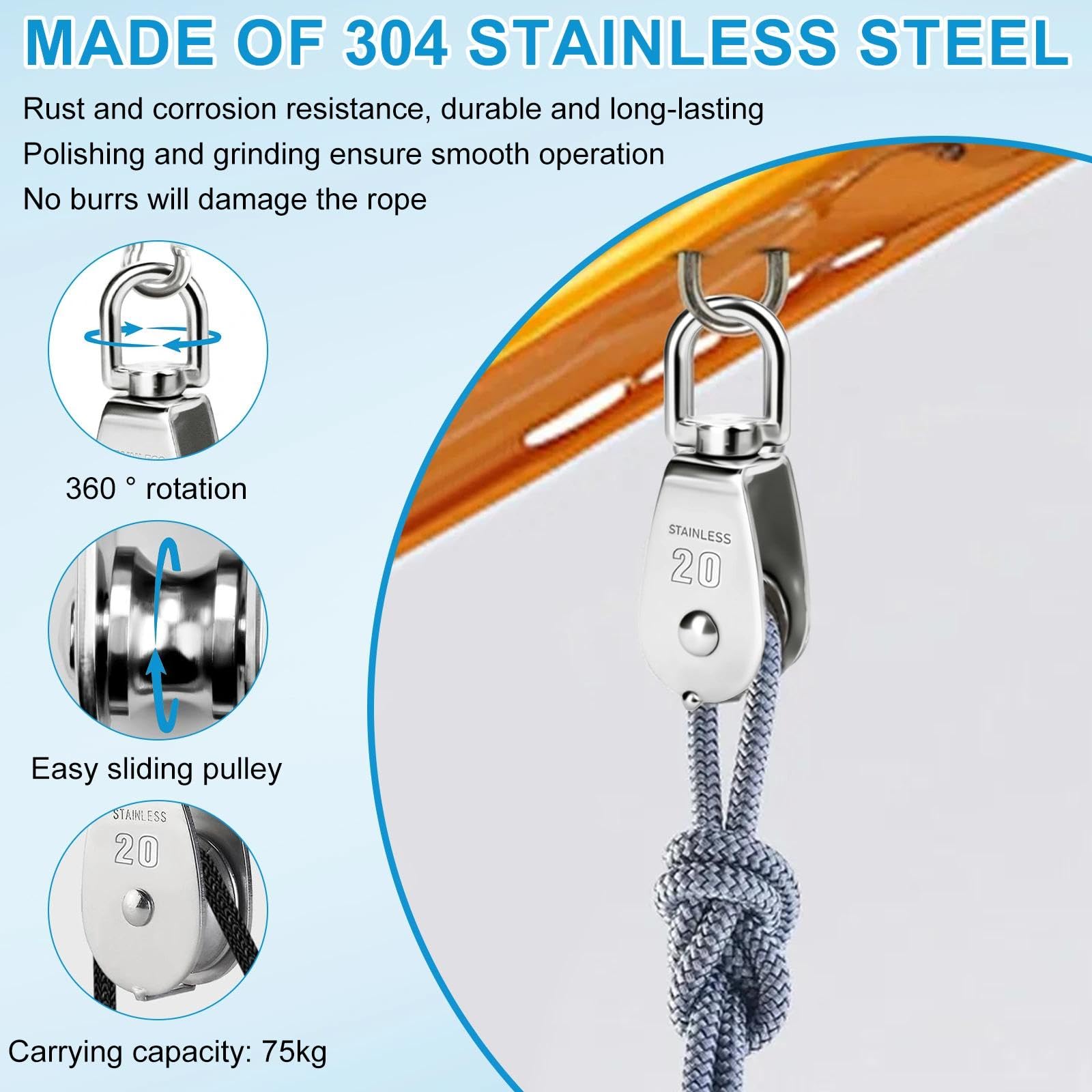 4 Piezas M20 Poleas de Bloque con 4 Piezas Mosquetones M6 Poleas para Cables de Acero Inoxidable Rotación 360° Poleas Fijas -Carga 75kg, para Cuerdas Uso Interior y Exterior