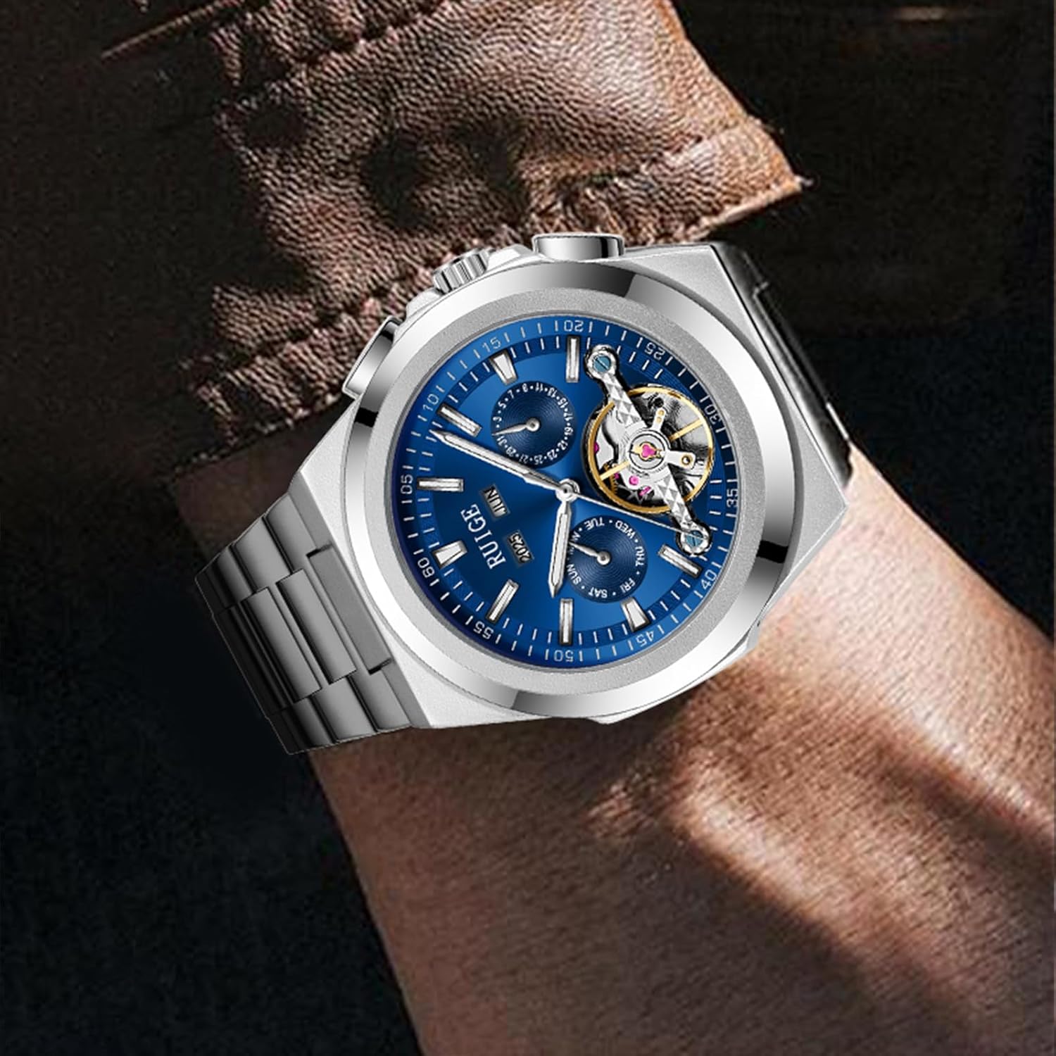 RUIGE New Hollowed Out Men's Fully Automatic Mechanical Watch Stainless Steel Multifunctional Fashionable Men's Night Light Waterproof Trend Watch A9-3 - Image 7