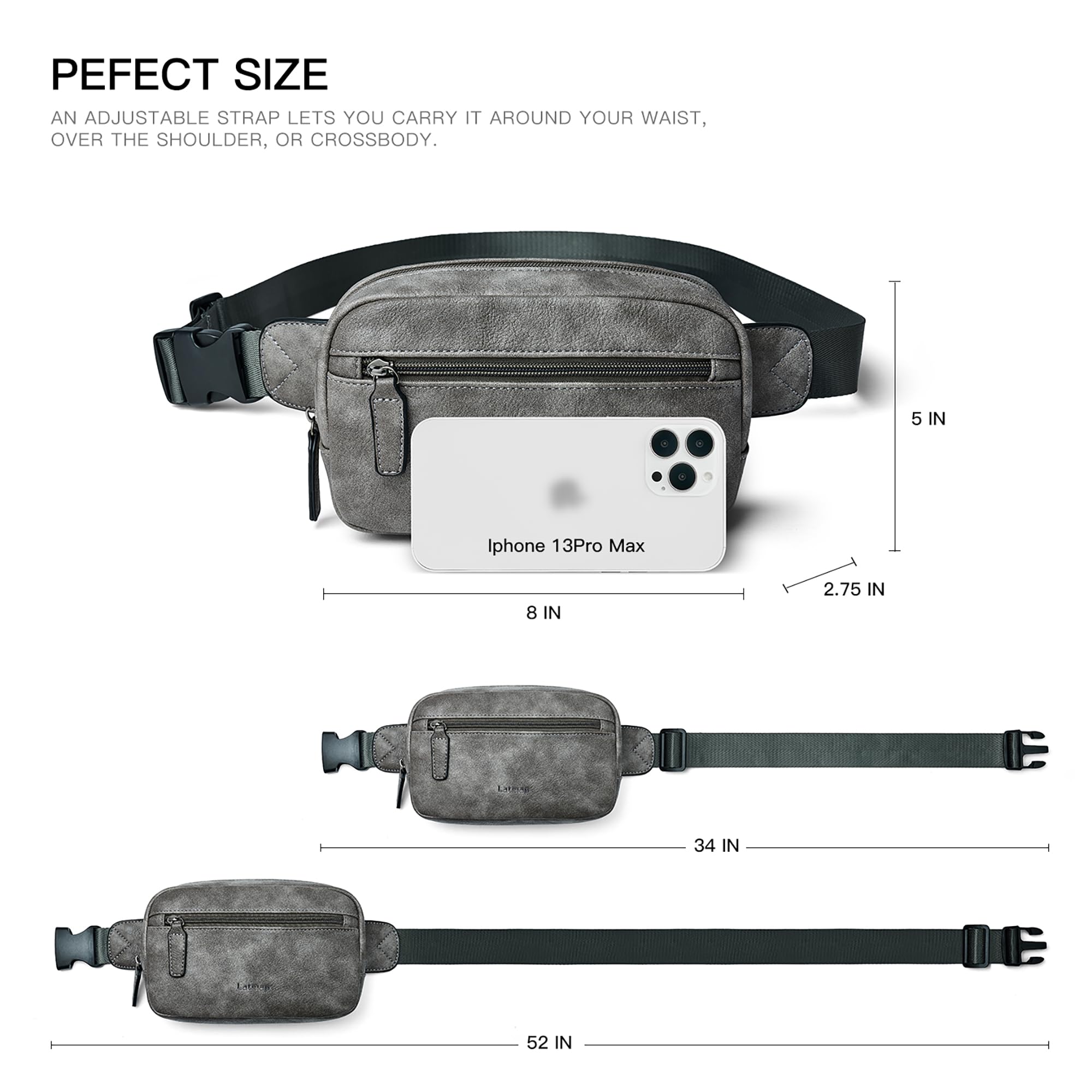 LATMAP 2L Bumbag Fanny Packs for Women Man Belt Bag Small Fashion Crossbody Bag Waist Pack Faux Leather Waterproof Chest Bag Trendy Trendy (Grey) - Image 4