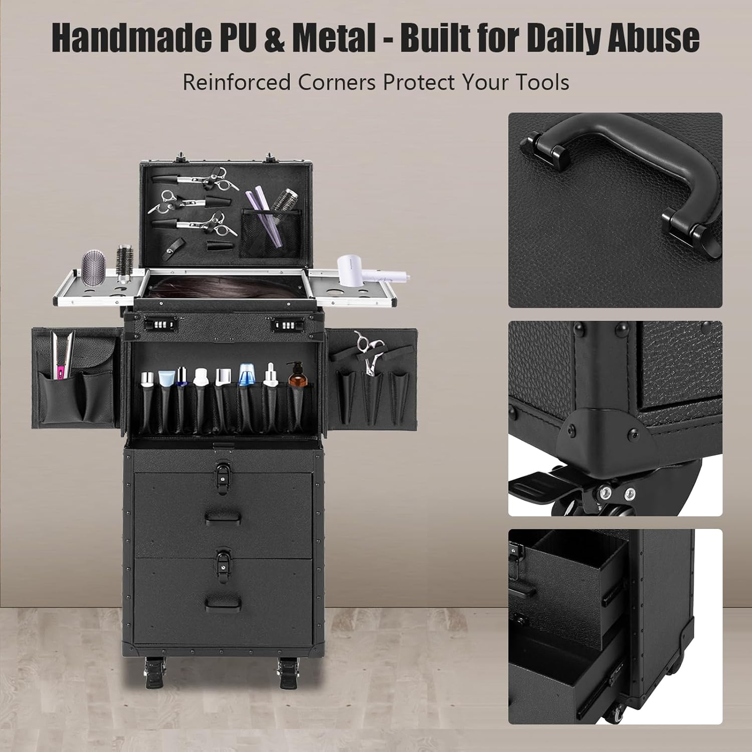 Makeup Case Organizer Large, Professional Folding Rolling Cosmetic Organizer Box With Drawer and Locks, Multifunctional Retro Pull Rod Cosmetology Display Makeup Rolling Train Case (Black)