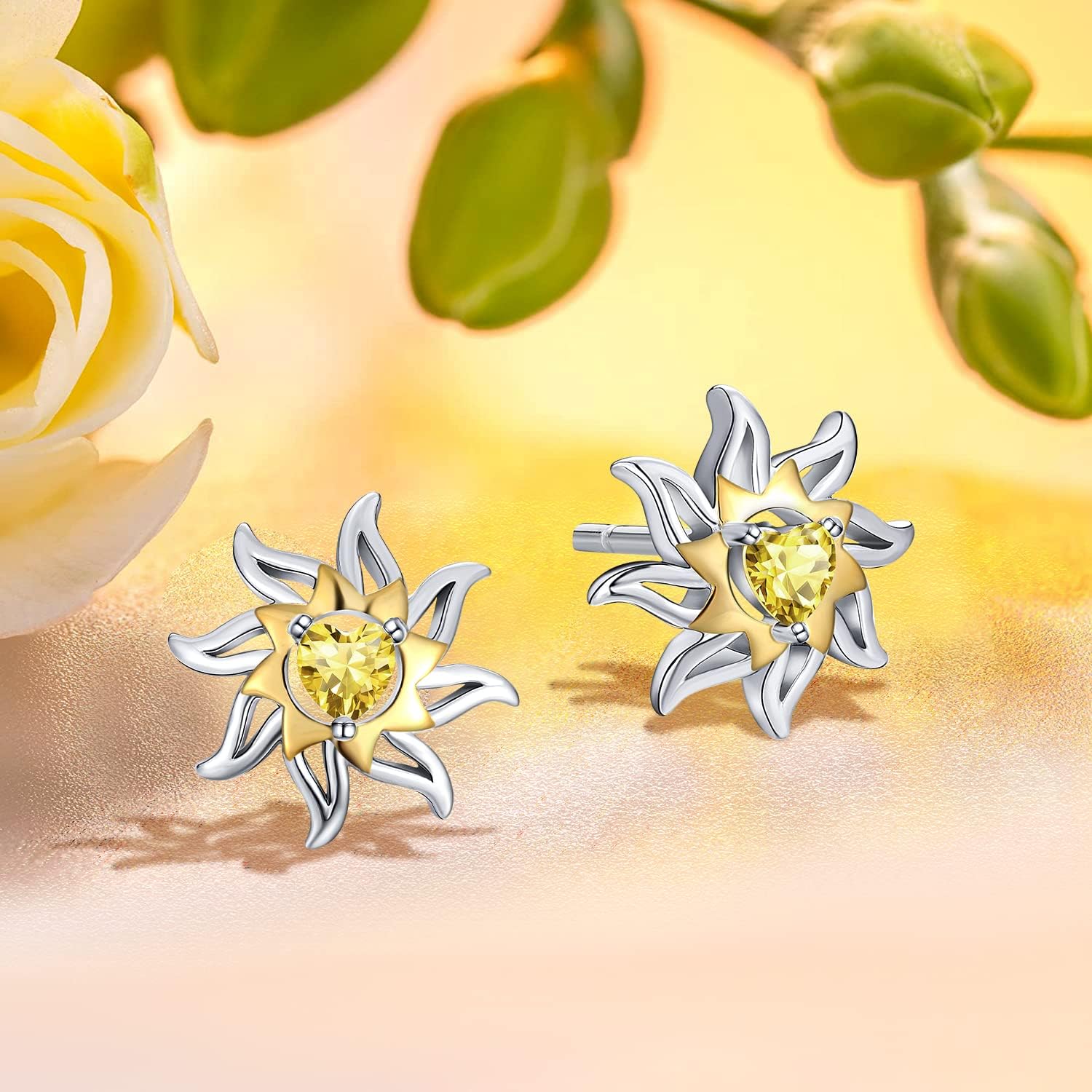 925 Sterling Silver Stud Earring, Heart Birthstone Earrings Hypoallergenic Sun Earrings for or Women