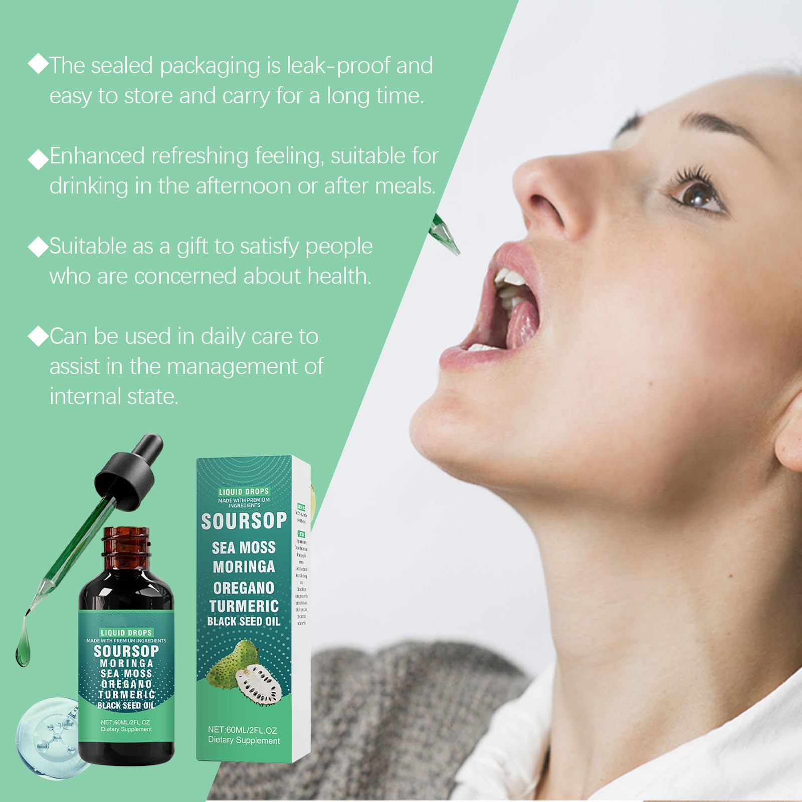 Gocce liquide di amaro di graviola, gocce liquide alle erbe 10 in 1, siero alle erbe di graviola, integratore naturale a base vegetale per il supporto quotidiano al benessere, 60 ml (8 bottiglie)