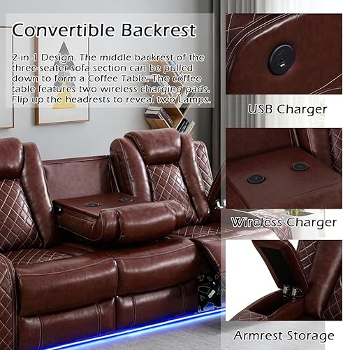 Miniatura 2 de Juego de sofá reclinable eléctrico para sala de estar, juego de sofá reclinable de cuero con luces LED, puertos USB, almacenamiento oculto, juego de