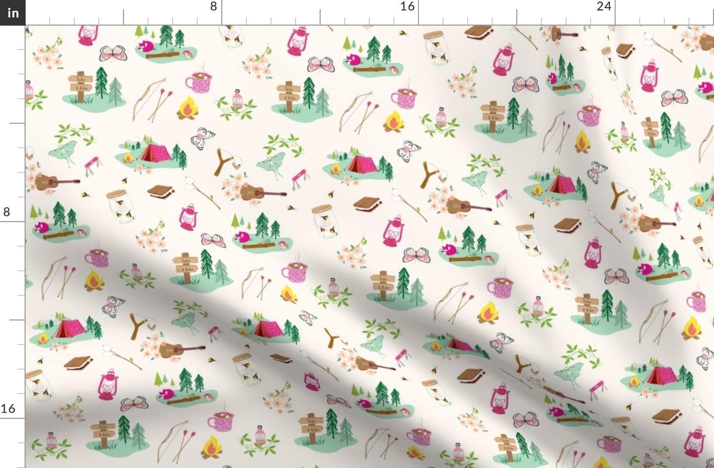 Spoonflower Fabric - Camp Summer Outdoor Adventure Butterflies Forest Camping Printed on Organic Cotton Sateen Fabric by The Yard - Sewing Quilting Apparel Home Decor