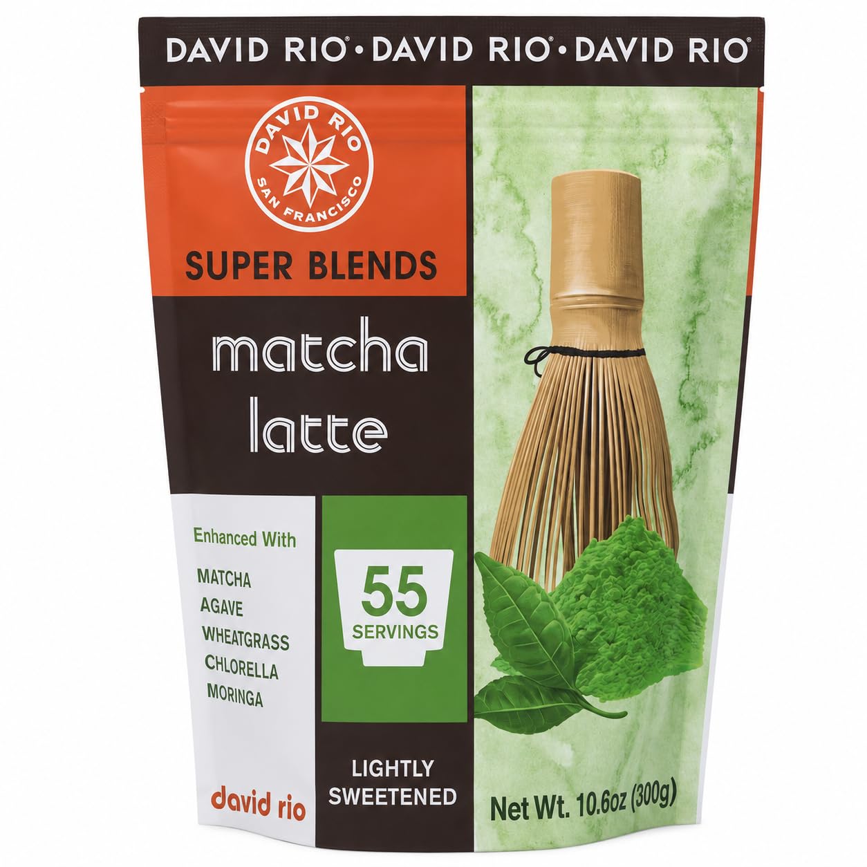 David Rio Super Blends Matcha Latte I 300g Beutel I Matcha-Mischung Pulver mit Agave, Weizengras, Moringa & Chlorella I 1 Beutel