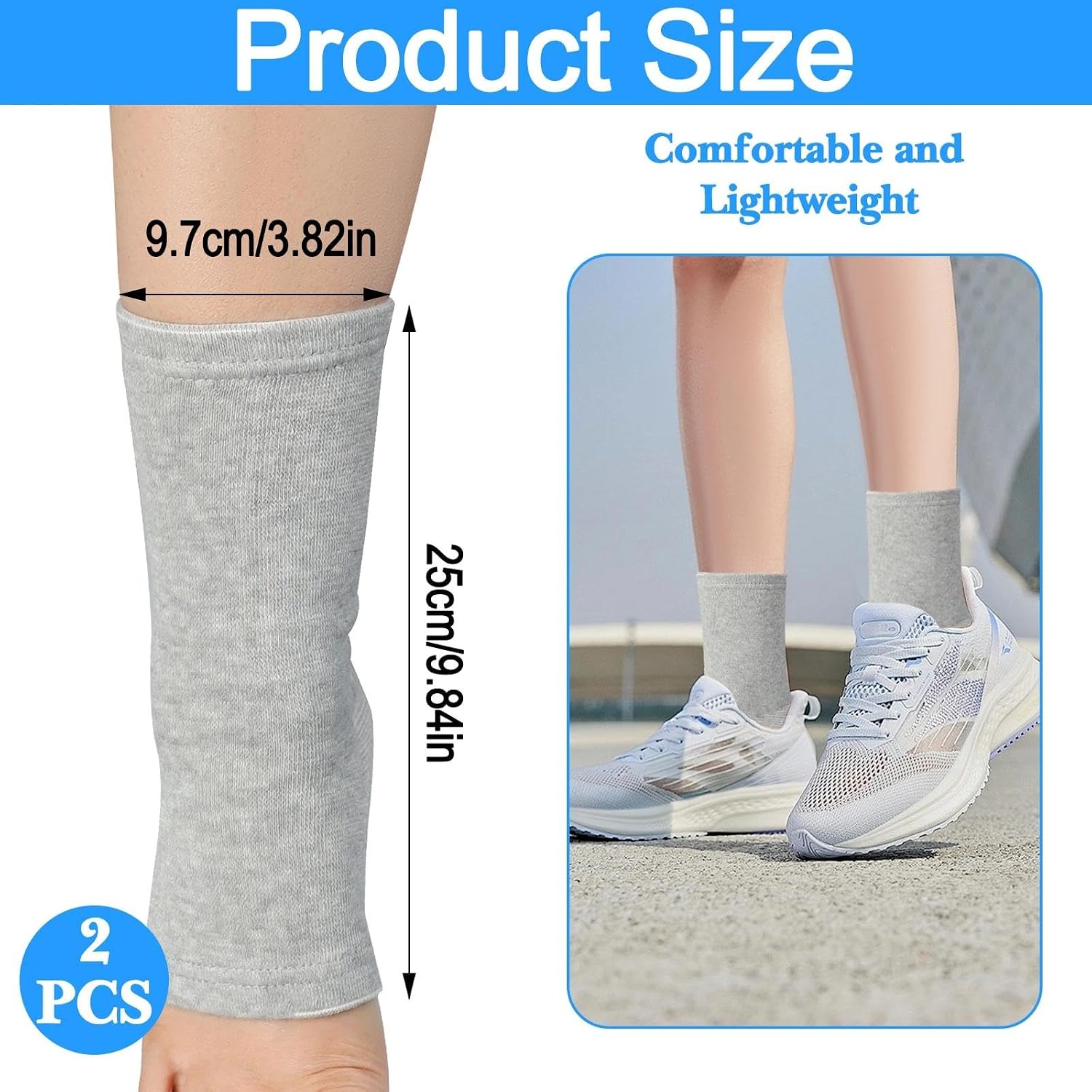 2pcs Grey Ankle Supports Sleeves, Breathable Arch Support Foot Covers, Soft Ankle Support Socks for Men Women Running Travel Work (Grey, M)