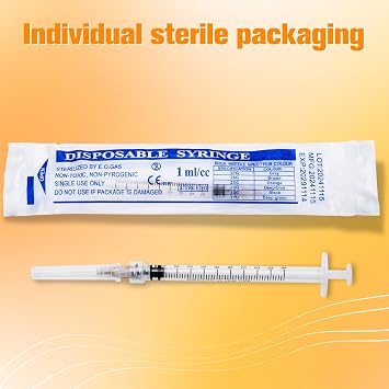 1ml Syringe with Needle, 27Ga 1/2inch 1cc Luer Lock Syringe for Scientific Labs, Measuring Liquid, Disposable Individually Packaged, Pack of 100
