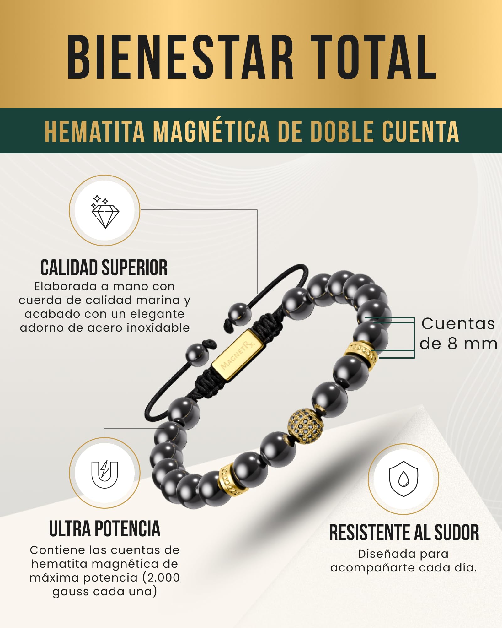 MagnetRX® Pulsera Magnética Terapéutica de Hematite - Brazalete con Piedras Potentes Curativas para un Alivio Natural del Dolor - Pulsera con Hematitas Magnetoterapia (Dorado Zeus Cuentas 8mm)
