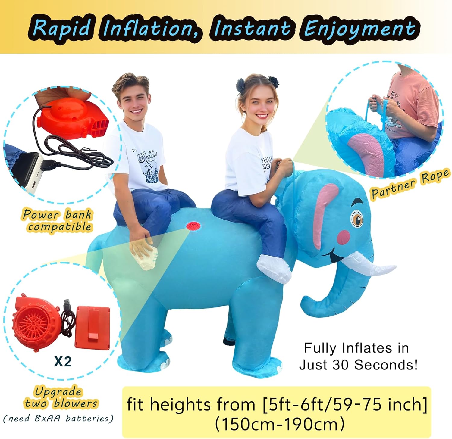 2026 Couple Inflatable Elephant Costume, 2-Person Conjoined Elephant Outfit for Friends, Adults, Family Funny Blow Up Ride on Costumes for Halloween, Themed Party - Image 6