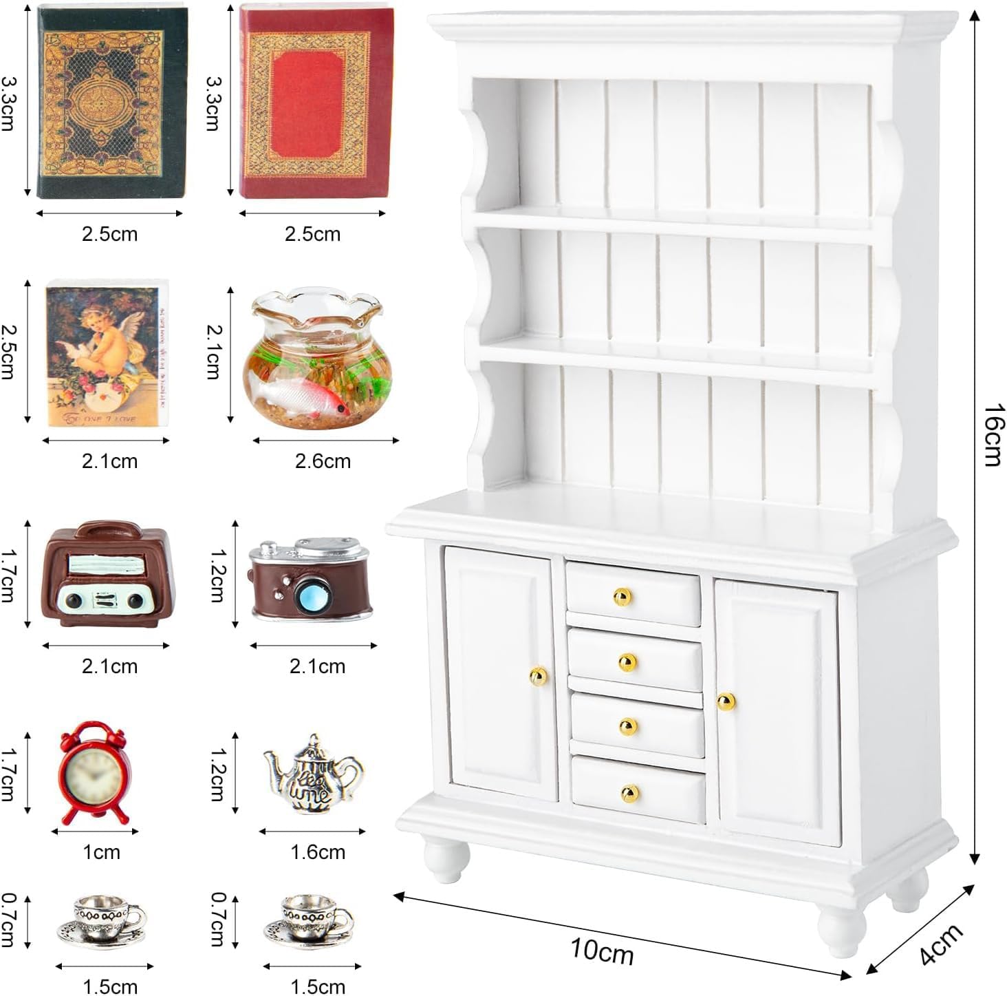 1/12 Dollhouse Display Cabinet Set, 11Pcs Wooden Mini Bookshelf Cupboard | Storage Sideboard with Accessories (Alarm Clock, Fish Tank, Books, Coffee Cups) for Living Room,Dining Room,Study