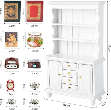 1/12 Dollhouse Cabinet Set, 11Pcs Dollhouse Furniture and Accessories | Wooden Bookshelf with Accessories (Alarm Clock, Fish Tank, Books, Coffee Cups) for Living Room,Dining Room,Study