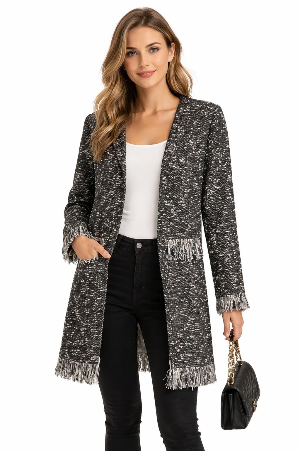 Women's Longline Open Front Cardigan Coat with Fringe Detail, Black Wool Textured Classic Style, Functional Pockets, Winter Layering-picture-16