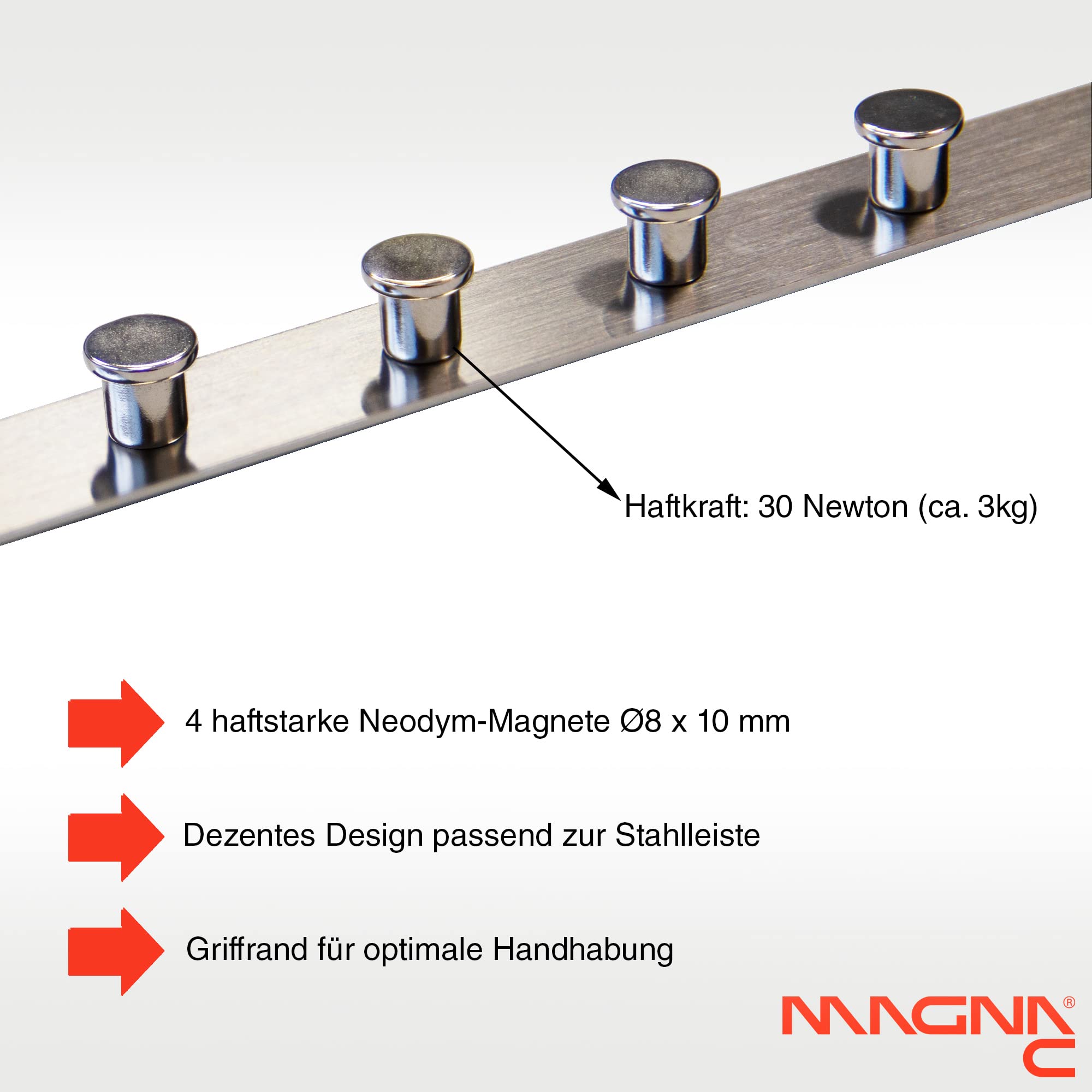 Magna-C® 2 stabile Ferroleisten aus Edelstahl | Selbstklebende Magnetleisten | 495 x 20mm mit 4 Magneten | magnethaftender Untergrund für Fotos, Postkarten und vieles mehr