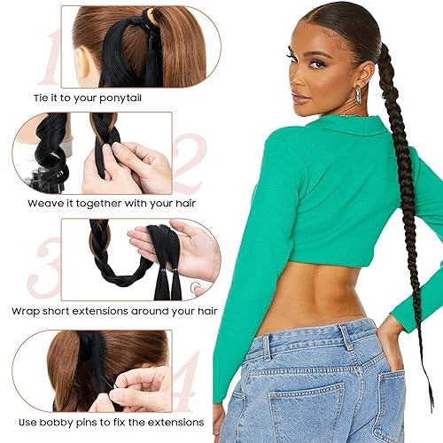 Miniatura 5 de S-noilite 1 extensión de cola de caballo larga trenzada con lazo para el cabello, trenzas de cabello negro trenzadas, extensiones de cabello