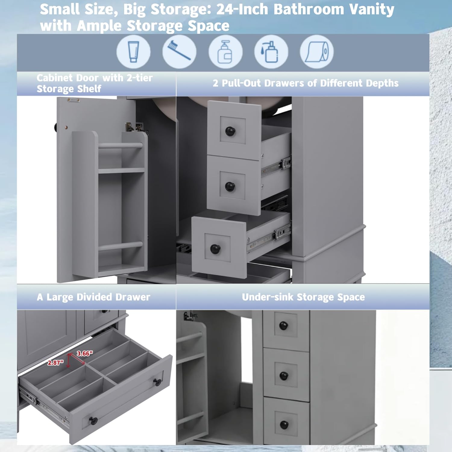 Bellemave 24" Bathroom Vanity with Sink Combo Set, Solid Wood Frame Bathroom Storage Cabinet with 3 Drawers, Soft Closing Cabinet Door with Organizer, Grey