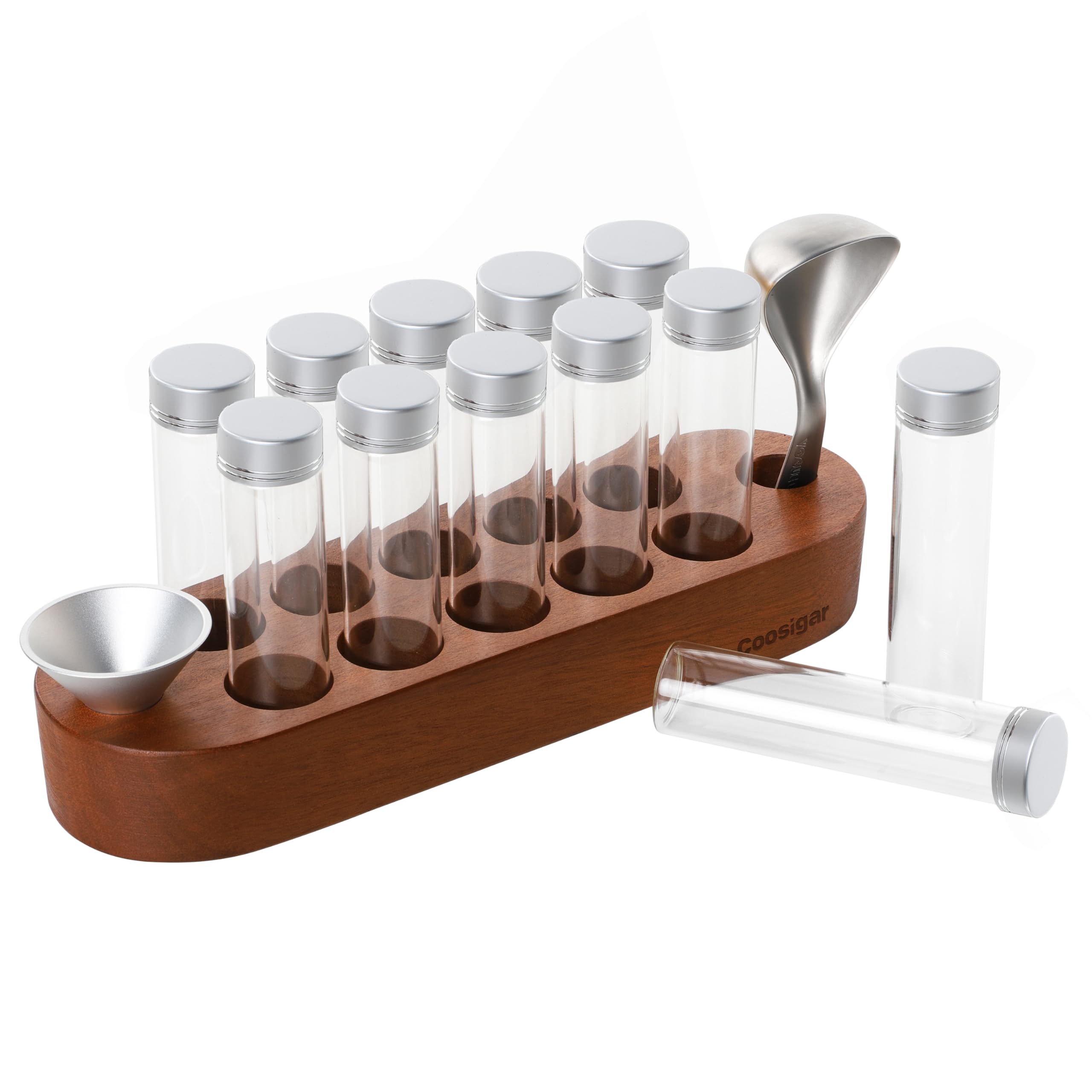 Kaffeebohnen-Behälter, Einzeldosis Kaffeebohnen-Aufbewahrung, 10 Stück Kaffeebohnenkeller mit Holzständer und Trichter Kaffeelöffel. (Silberne Deckel)