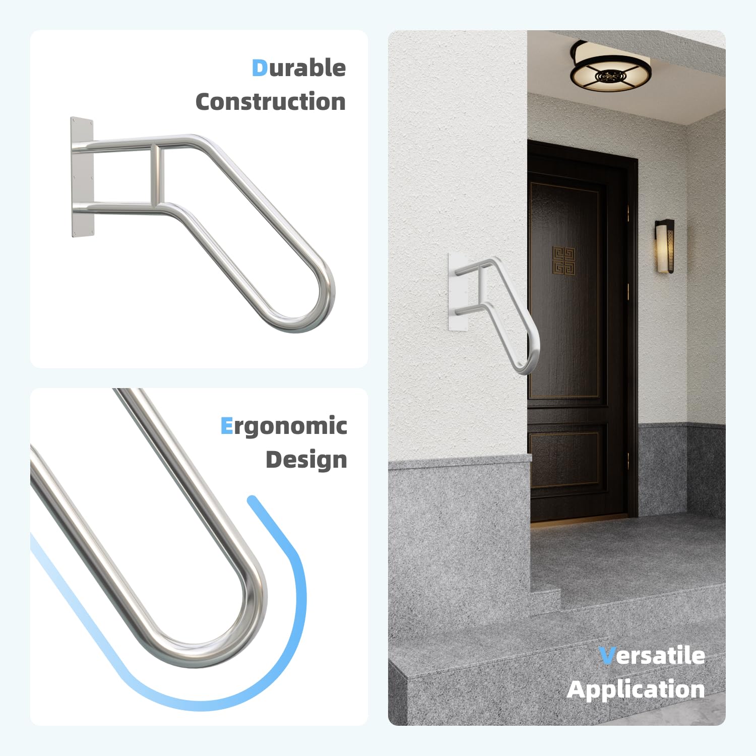 60cm U-förmiger Handlauf Edelstahl, Handlauf Treppe für 1 bis 3 Stufen, Edelstahl Treppengeländer für Garten, Garage, Veranda, Innen und Außen (3,2 cm Rohr)