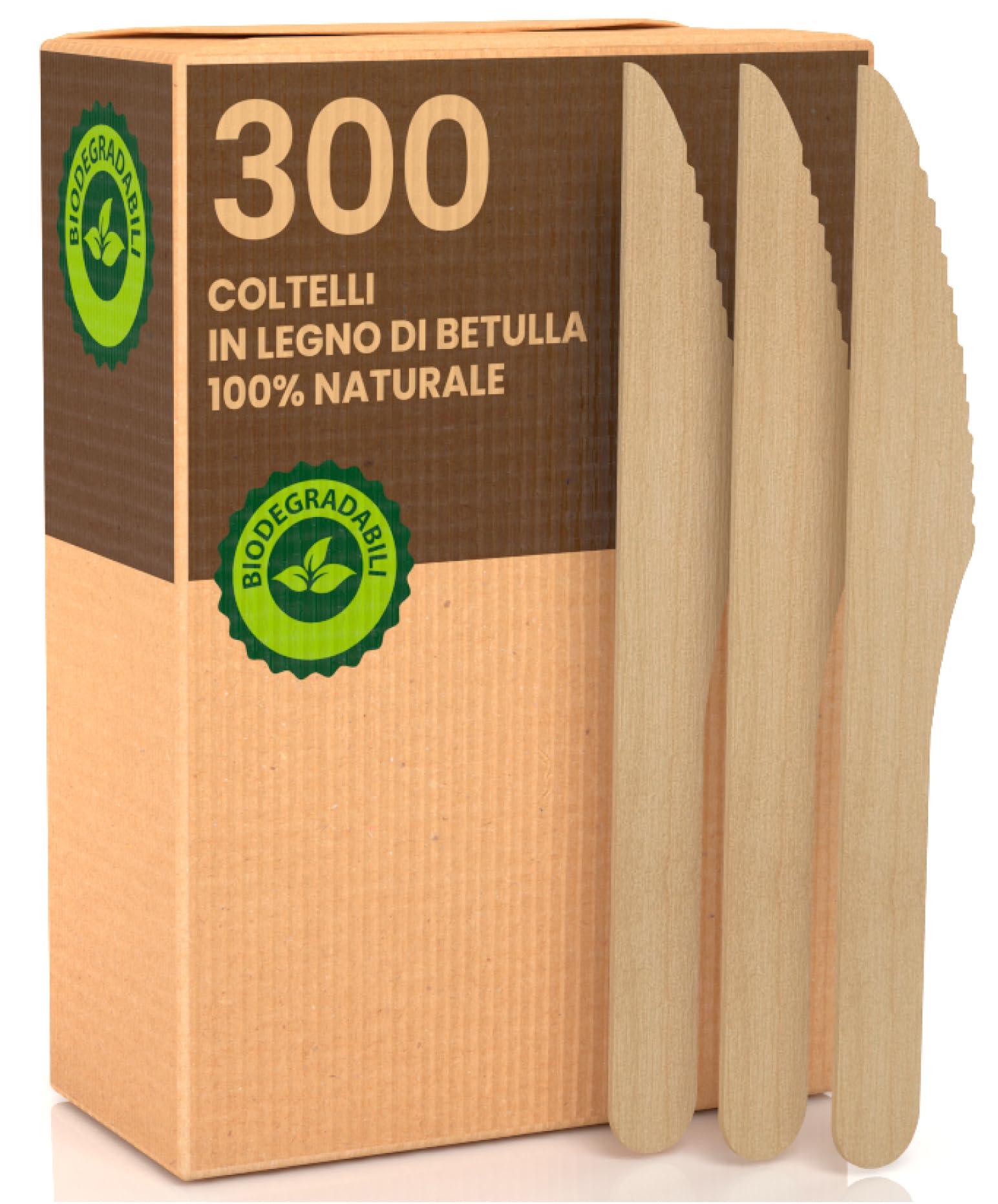 300 Coltelli Ecologici in Legno di Betulla Monouso 100% Naturali Biodegradabili e Compostabili 300 Posate Usa e Getta