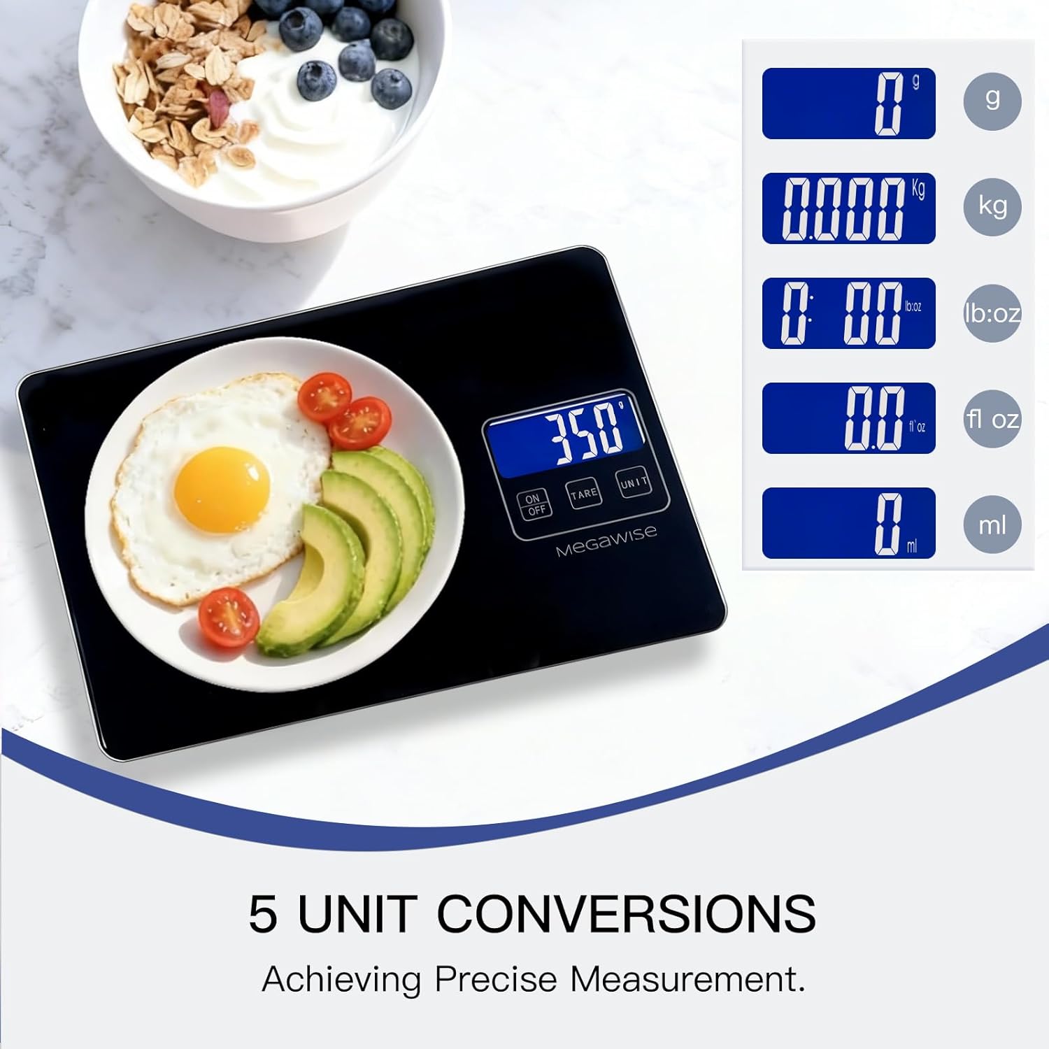 MegaWise Precision Food Scale, 33lb Waterproof Rechargeable Digital Kitchen Scale, 1g/0.04oz Precise Graduation, Weight Grams and Ounces for Cooking Baking, 5 Units Conversion, Tare Function (Black)