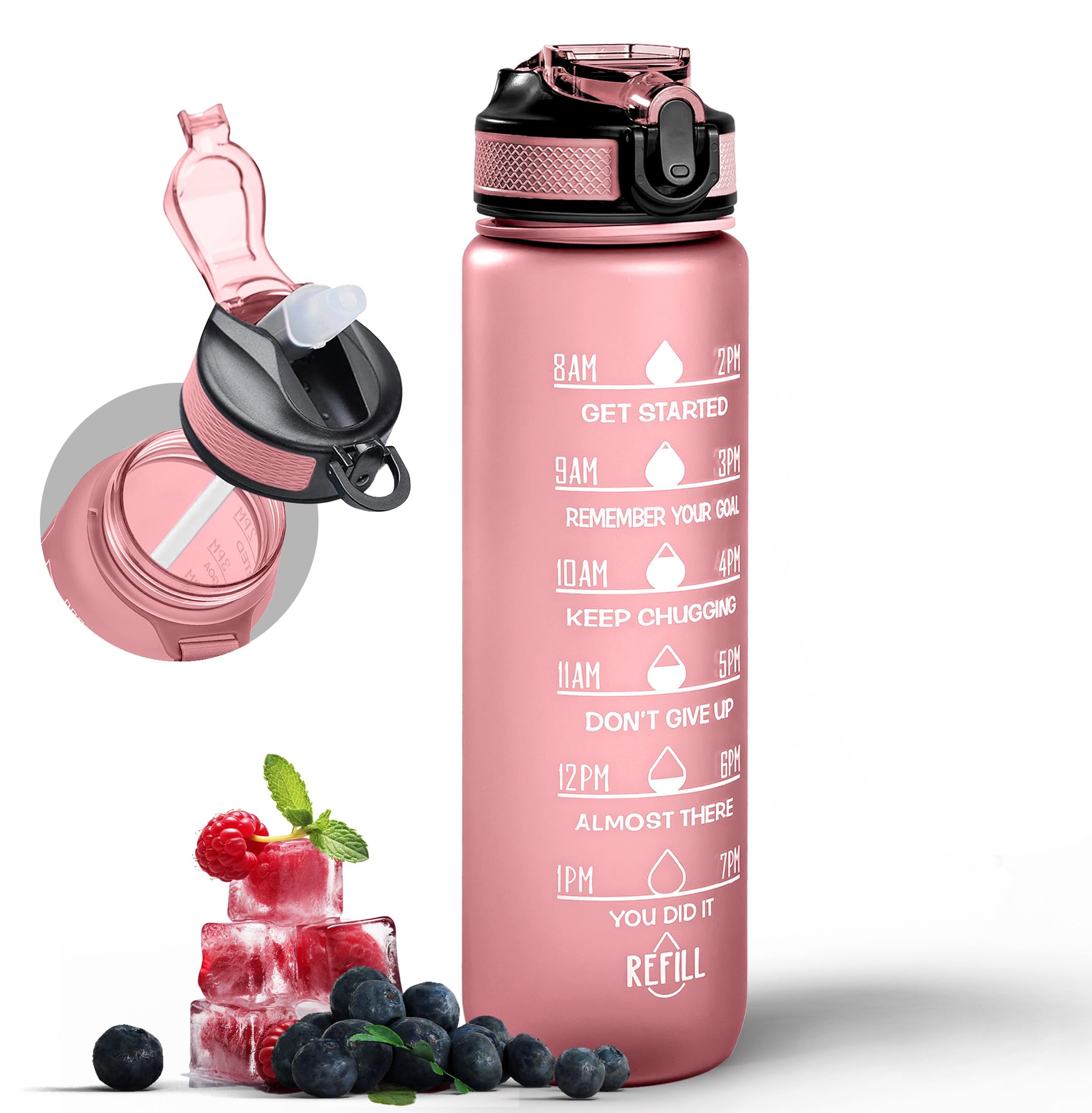 Active 100 1L Water Bottle with Straw, Motivational Time Marking | Dishwasher Safe | Leak-Proof | BPA-Free Drinks Bottle for Fitness, Work, Travel & Outdoor Use