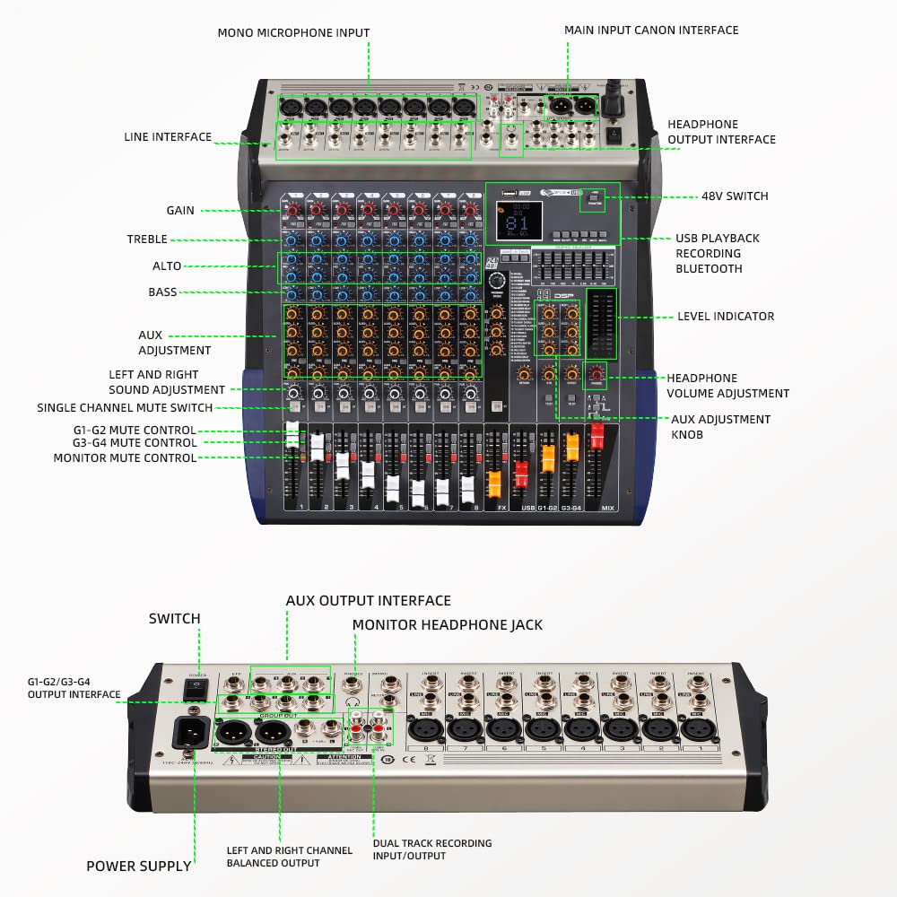 Mixer professionale a 8 canali per la registrazione di musica da palcoscenico DJ, karaoke, unità USB, ingresso registrazione computer, controller DJ con jack microfono XLR, alimentazione phantom 48 V