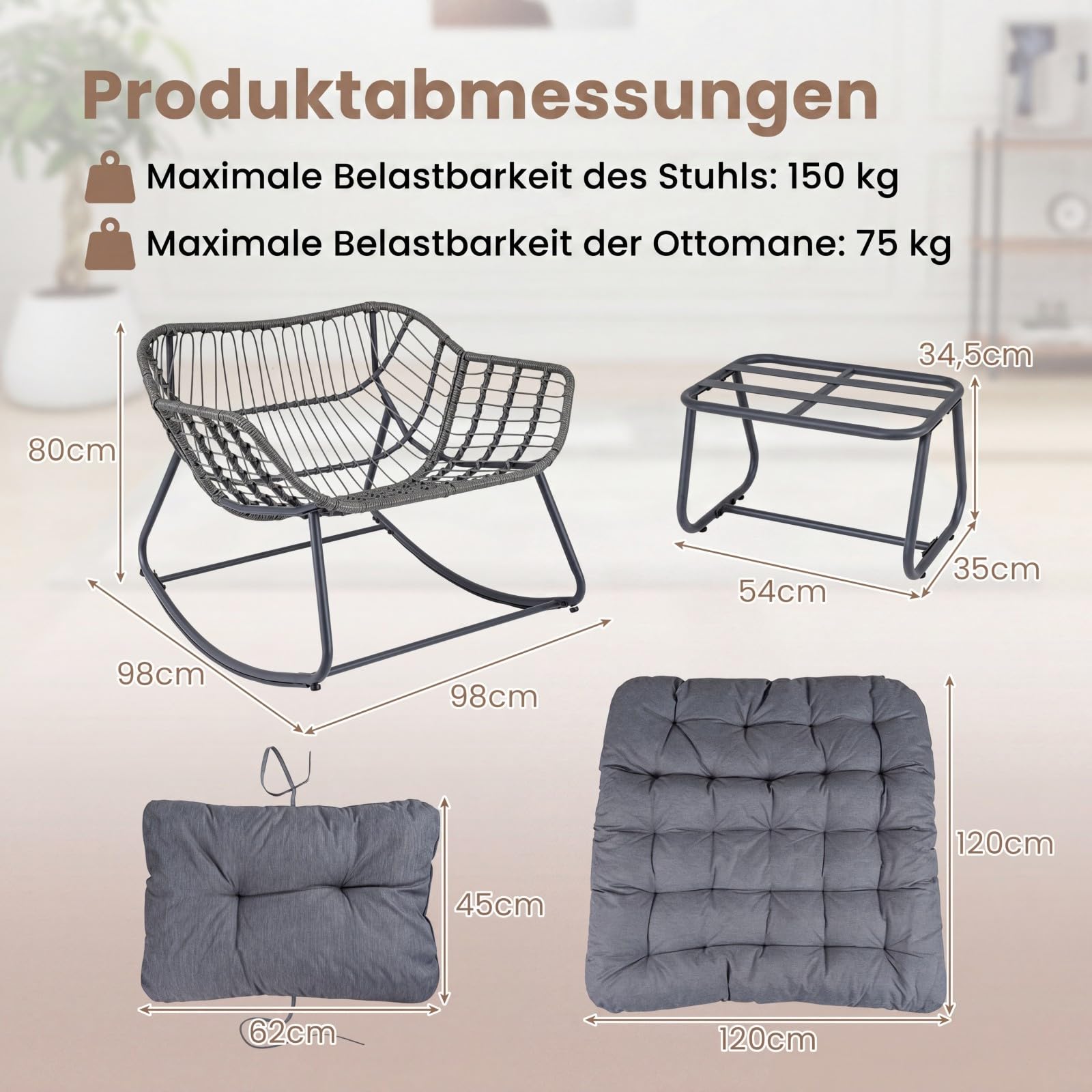 COSTWAY Schaukelstuhl mit Hocker, übergroßer Schaukelsessel mit dickem & abnehmbarem Kissen, Relaxsessel bis 150 kg belastbar, für Balkon, Garten und Wohnzimmer (Grau)