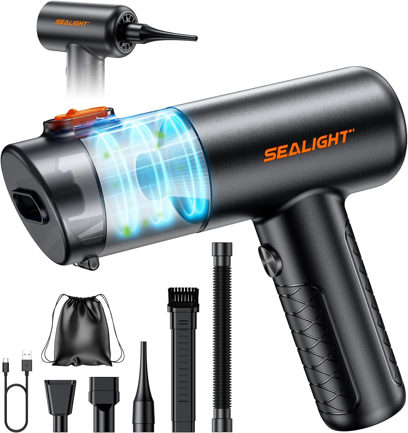 SEALIGHT Aspirador de Mano, 32000Pa Aspiradora sin Cable Coche, 4 en 1 Aspirador Coche con Motor sin Escobillas,Aciado Automático de un Toque, para Casa/Coche/Pelo de Mascota