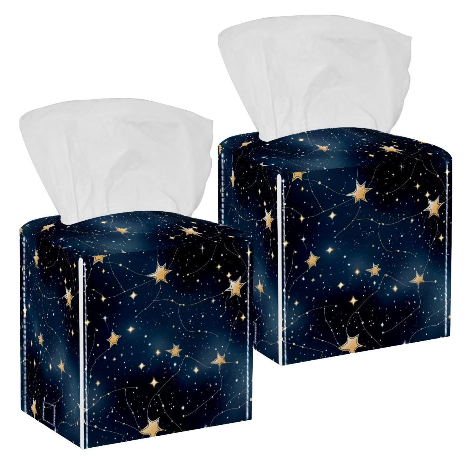 Art Constellation Tissue Box Cover, 2 Pack PU Leather Square Facial Tissue Dispenser Box holder for Home Office Car