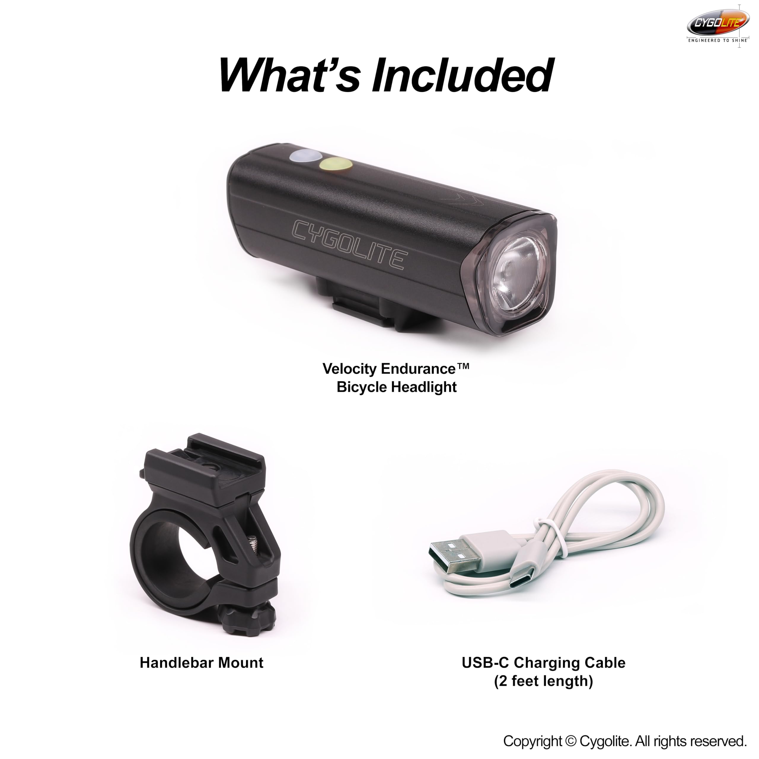 Cygolite Velocity Pro Lampe de vélo 1 600 lumens – Alliage d'aluminium anodisé – 9 modes d'éclairage – Luminosité réglable fine – Compact, étanche IP67 – Support rigide sécurisé – Recharge USB-C –